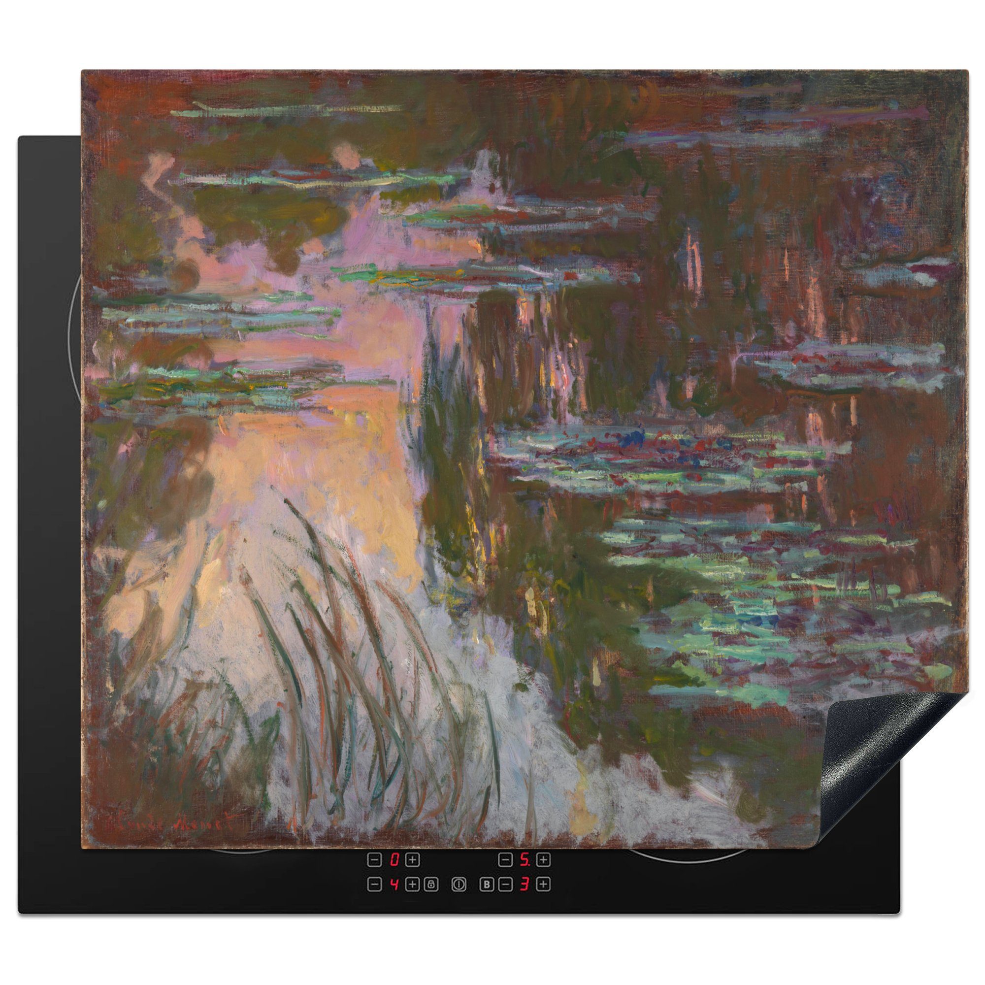 MuchoWow Herdblende-/Abdeckplatte Seerosen, untergehende Sonne - Gemälde von Claude Monet, Vinyl, (1 tlg), 59x52 cm, Ceranfeldabdeckung für die küche, Induktionsmatte