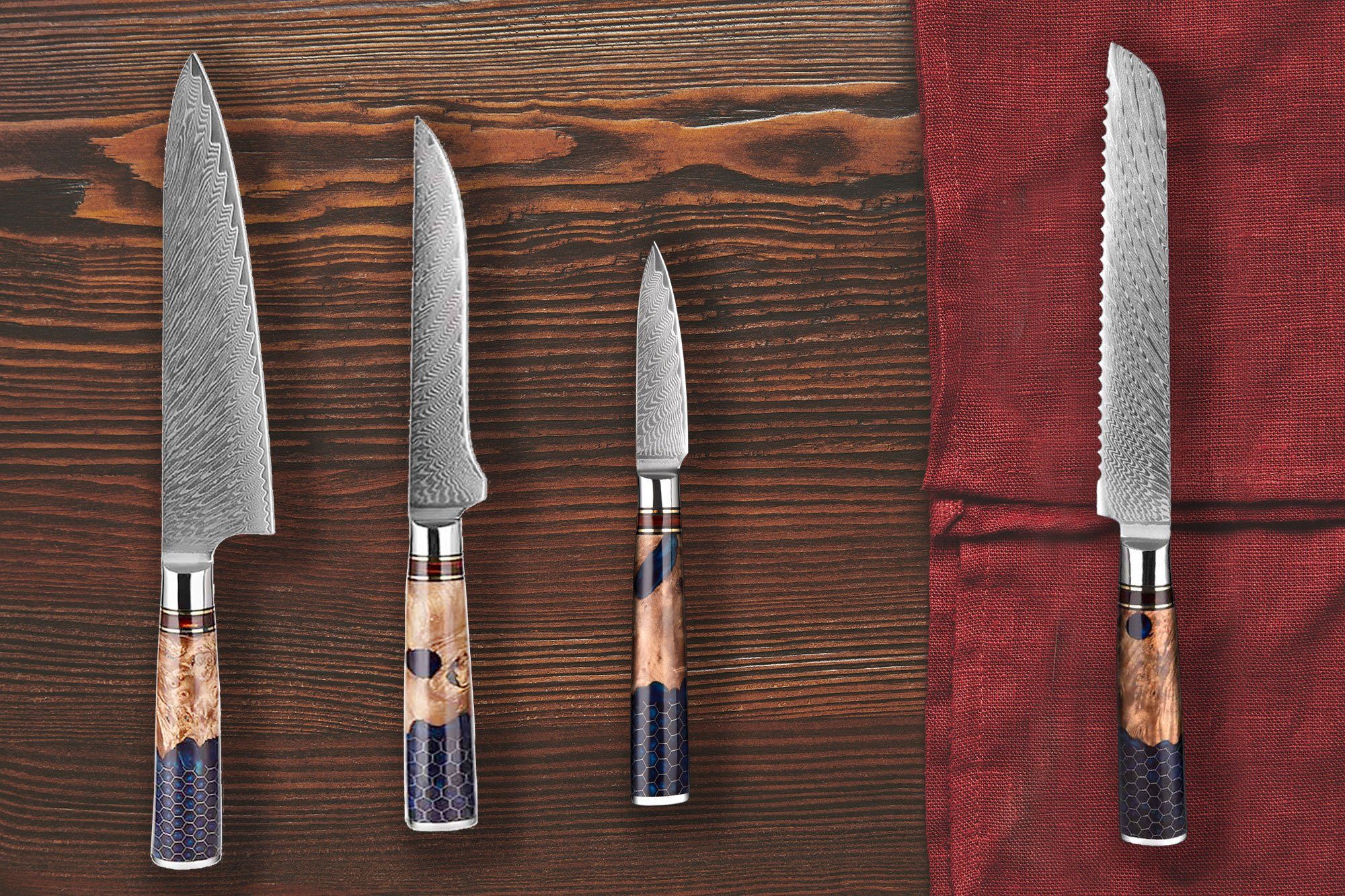 Damastmesser Messer Muxel Kochmesser Messer Unikat 4-Teiliges Jedes Brotmesser Ausbeinmesser, ein Damast Set.