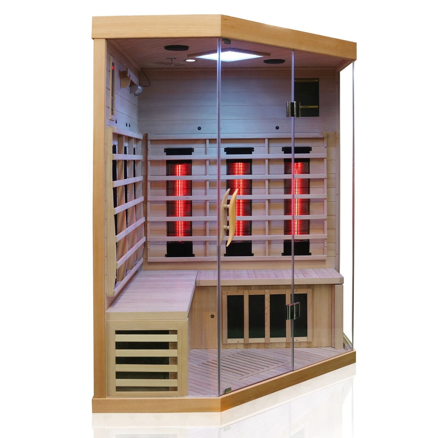 Dewello Infrarotkabine BRANDON 140 Wärmekabine, bis zu 4 Personen, 6 Vollspektrumstrahler, BxTxH: 140 x 140 x 190 cm, (mit großer Farblichttherapie, inkl. Ionisator mit Ozondesinfektion und Aromatherapie, Multimedia und zusätzlich USB-Anschluss & Bluetooth möglich) Sauna aus Hemlock-Tannenholz, leichter Aufbau dank Stecksystem