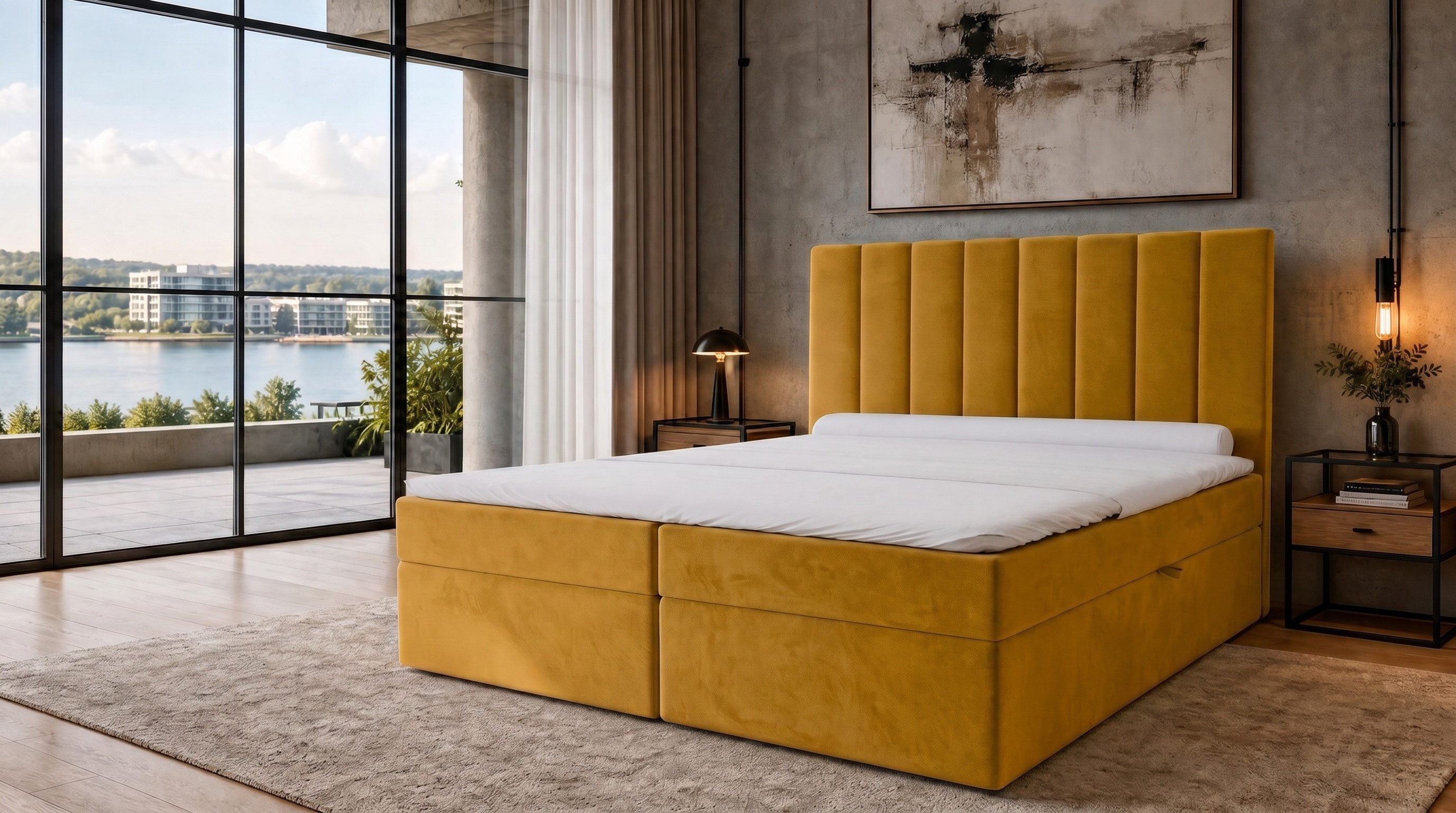 MARPUR Boxspringbett Luxus Modell NERO mit 2 Bettkästen & Bonellfederkern (H3) (Boxspringbett mit Bettkasten und Kopfteil, Füße, Anleitung), gepolstertes Kopfteil (124cm), ohne Topper, in diversen Farben