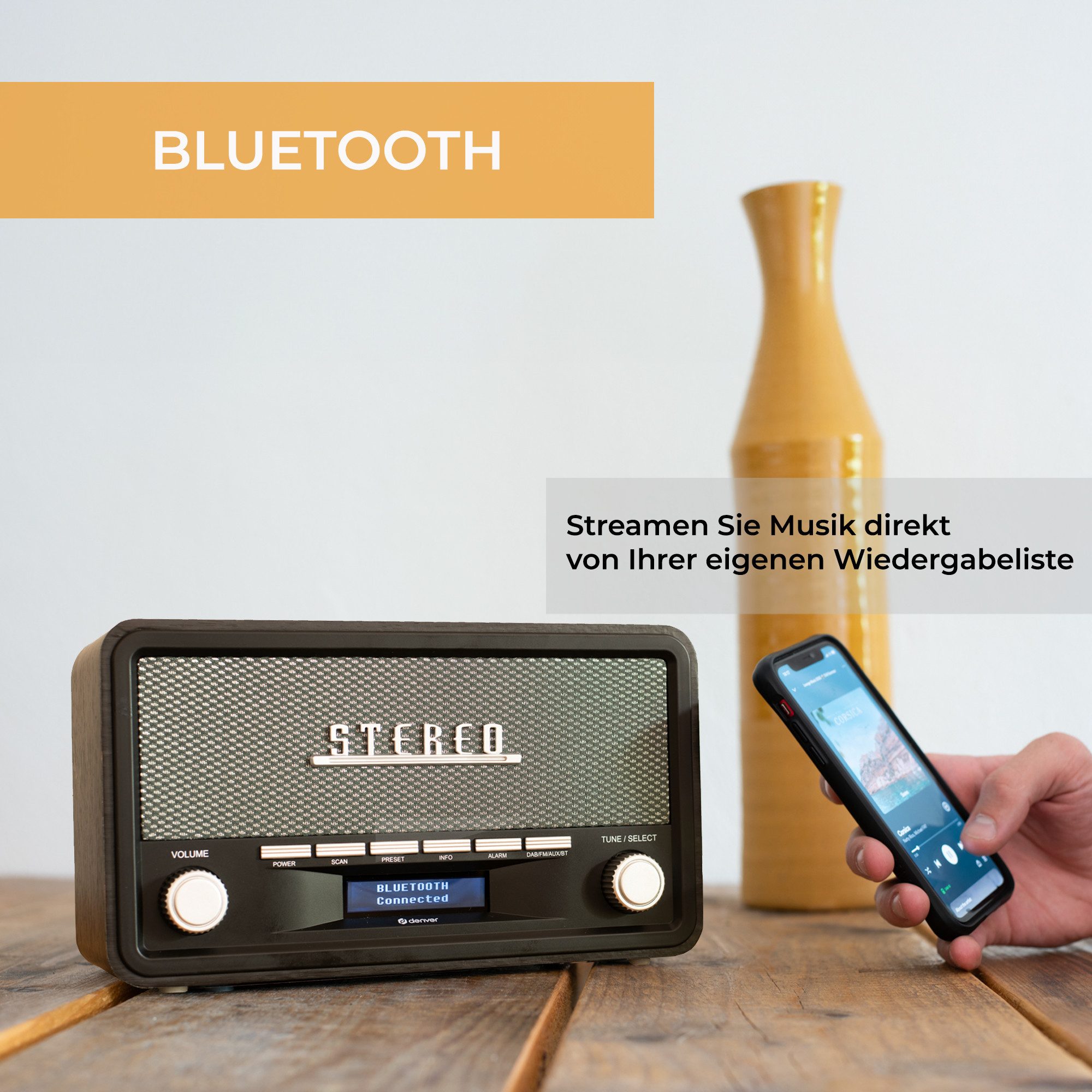 Denver DAB-18DGR Digitalradio (DAB) (DAB+, FM (RDS), 4 W, Retro-Design, Bluetooth, DAB+/FM, LCD-Display, AUX-In, Teleskopantenne)