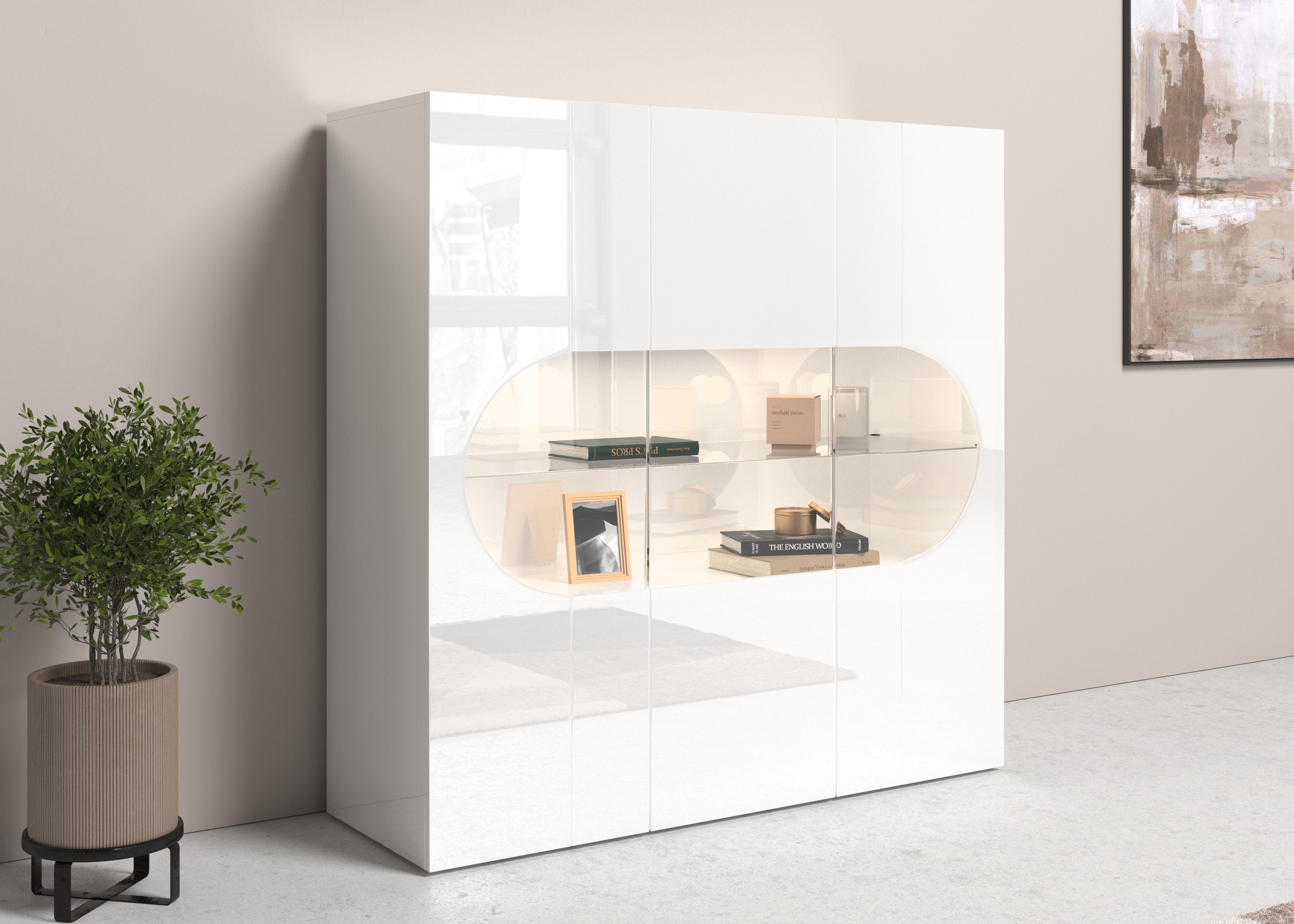 INOSIGN Highboard Real,Highboard,Kommode,Schrank mit 3 Türen,komplett hochglanz lackiert, mit 3 Türen, davon 2 aus Glas, mit einer großen Glasablage im Inneren