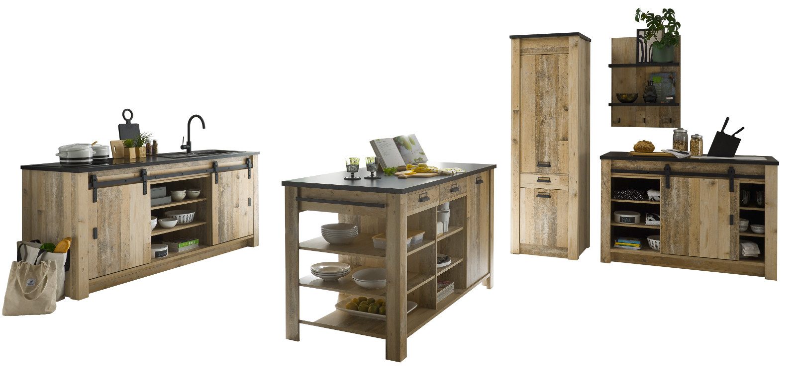 Furn.Design Küchenbuffet Stove (Küche in Used Wood, Set 7-teilig) mit Schwebetüren, inklusive Inselschrank