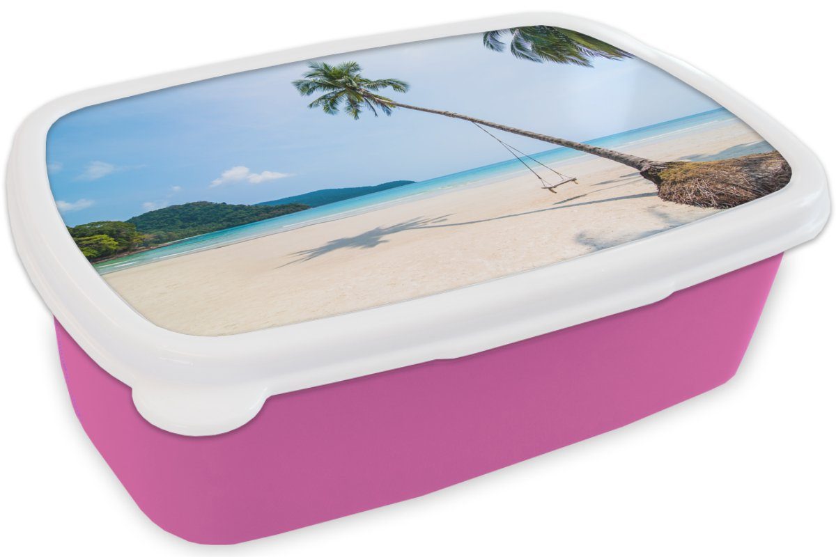 Kunststoff, - MuchoWow rosa für (2-tlg), Brotbox - Brotdose Kinder, Erwachsene, Strand Palmen Schaukel, Mädchen, Lunchbox Snackbox, Kunststoff