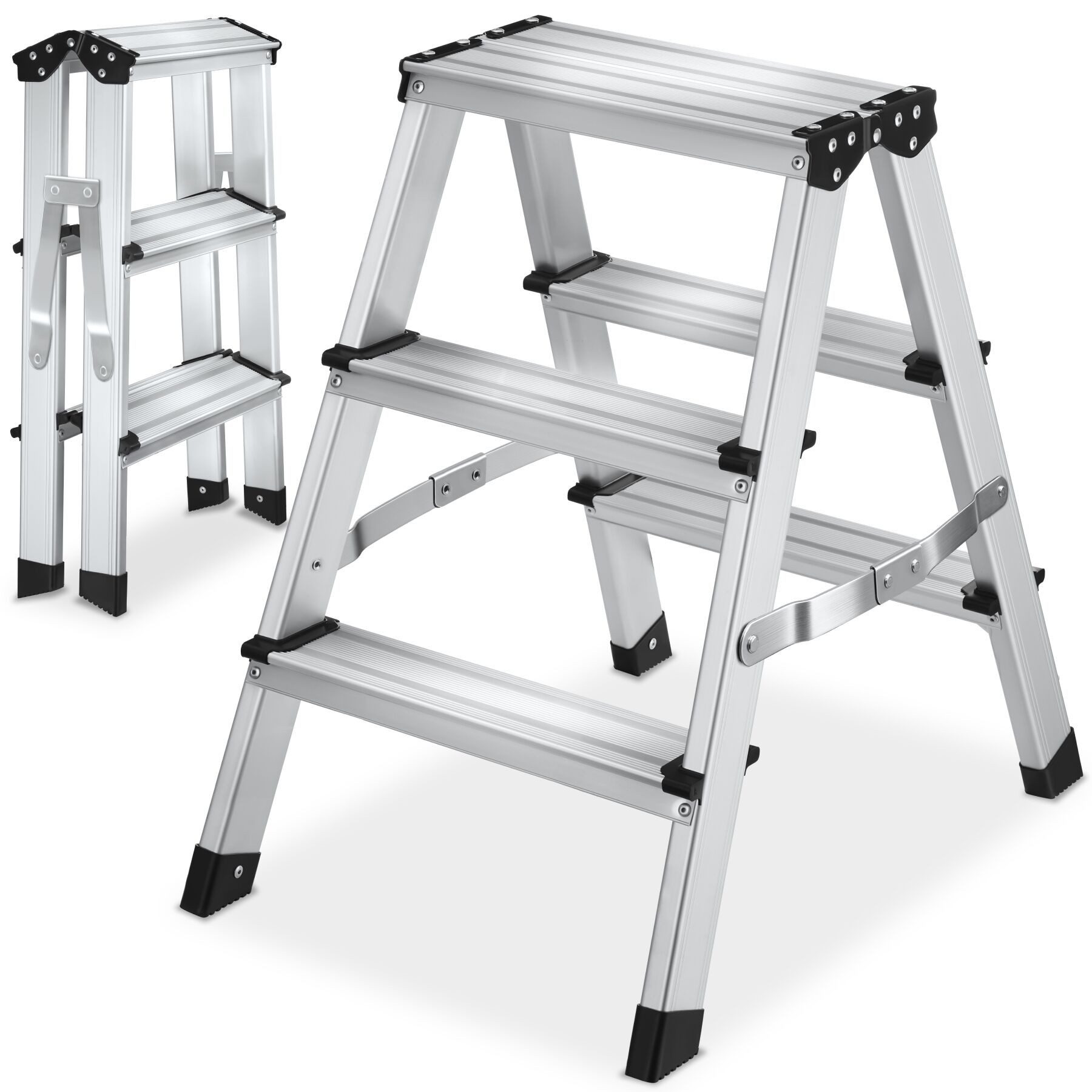 tectake Teleskopleiter Doppelseitige Aluminium Trittleiter 3 Stufen, Belastbarkeit 150 kg (Stehleiter, in silber), klappbar, rutschfest, geriffelte Trittfläche, abgerundete Kanten