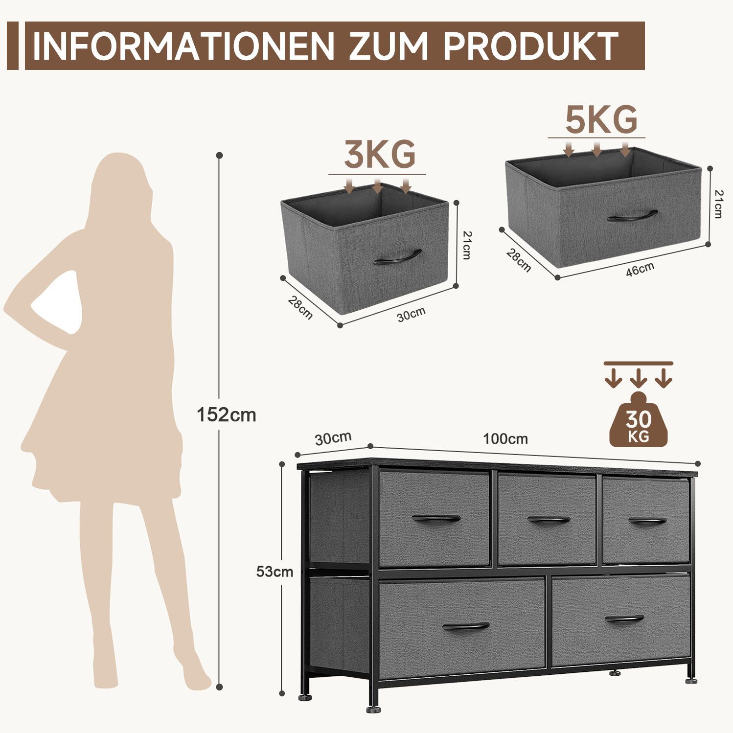 Refined Living Kommode Schubkastenkommode mit 5 Schubladen Stoffkommode stabilem Stahlrahmen (Sideboards mit Holzplatte und leicht zu ziehendem Griff für Schränke, Große Kapazität, Aufbewahrung von Kinder- und Erwachsenenkleidung), wasserdicht Geeignet für Wohnzimmer, Kinderzimmer, Flur, Schlafzimmer