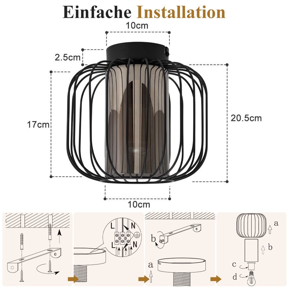 Nettlife Deckenleuchte Vintage 1 flammig E27 schwarzes Metall Glas Schirm Industrial Style, ohne Leuchtmittel, für Flur Schlafzimmer Küche Büro – Bild 3 von 5
