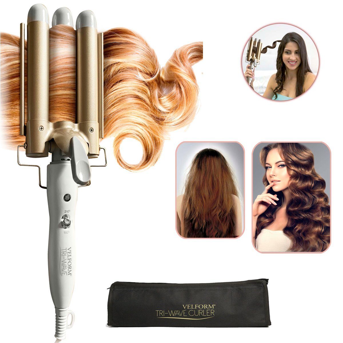 Velform® Плойки Tri-Wave Curler Turmalin-Keramik-Beschichtung, 3-köpfiger Lockenstab, Haar-Styling-Werkzeug, inkl. Reisetasche