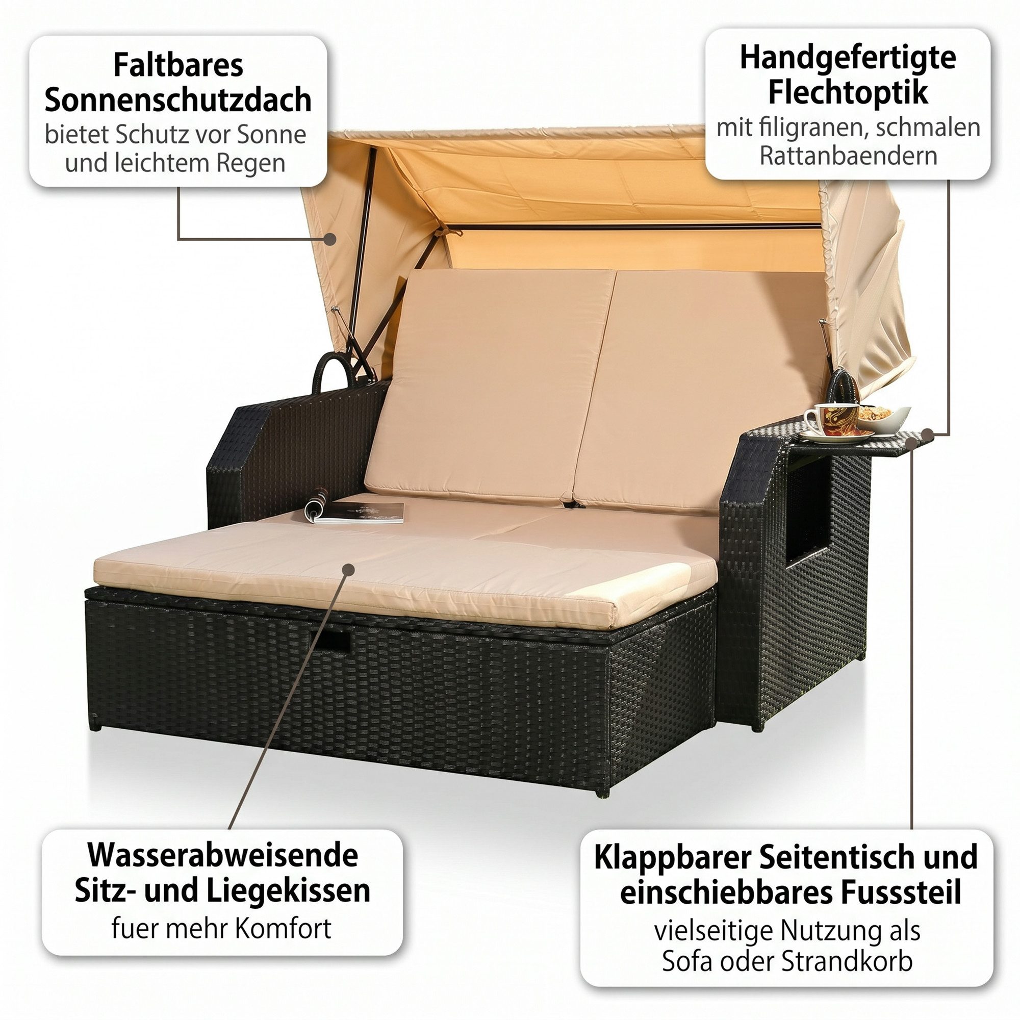 Mucola Strandkorb Strandkorb Sonnenliege Sonnenbett mit Dach aus Polyrattan Relaxliege, BxTxH: 145,00x143,00x130,00 cm, (Stück, 1-tlg), Sonnenschutzdach – Bild 5 von 5