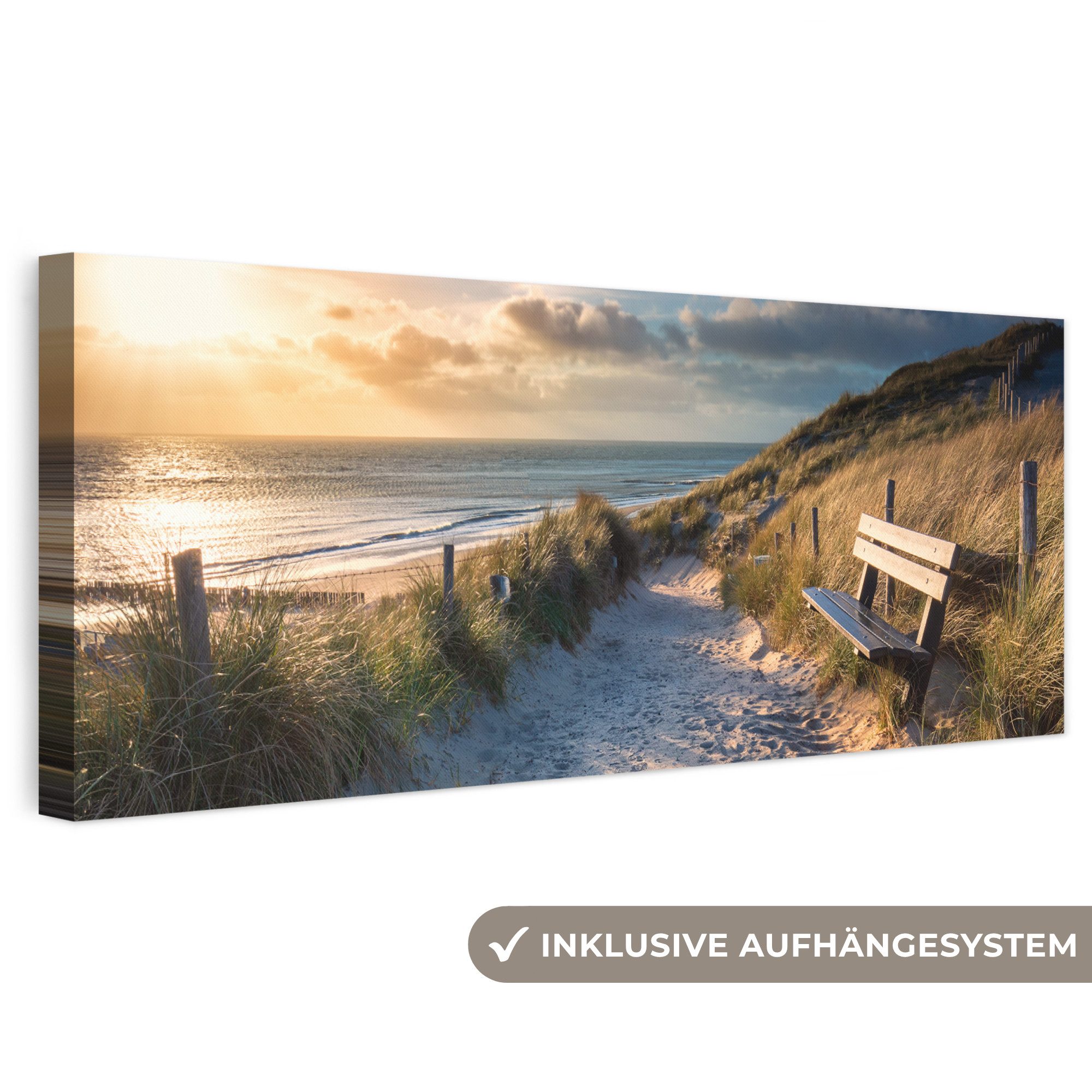 OneMillionCanvasses® Leinwandbild Panorama Sonnenuntergang - Strand - Düne - Gras - Bank, Fotodruck (1 St), Wandbild, Deko Schlafzimmer Wohnzimmer Flur 60x20 cm