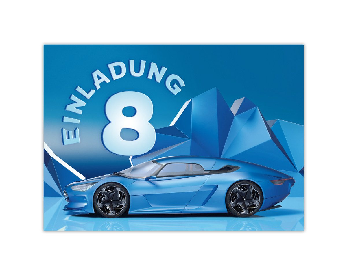 JUNAPACK Einladungskarten Auto zum 8. Kindergeburtstag Jungen Einladungen Rennauto Karten, Einladungskarten mit einem Auto Motiv zum 8. Geburtstag