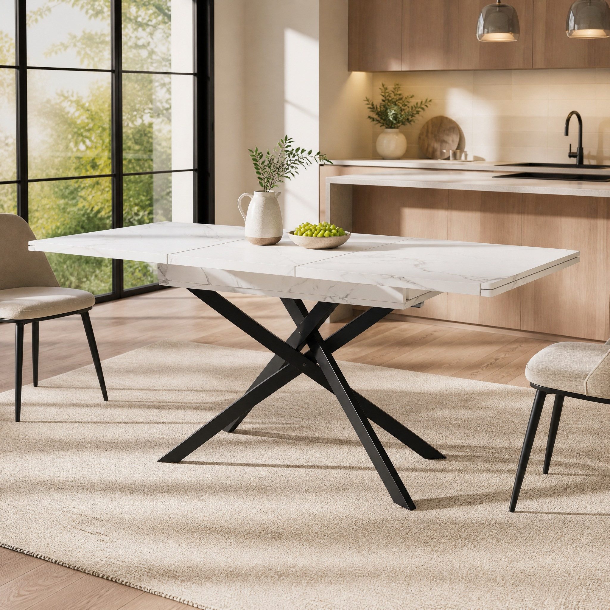 REDOM Esstisch Teleskoptisch,Moderne Esstisch (Ausziehbarer Esstisch 120-160 cm – Moderner Küchentisch mit marmorierter Tischplatte und schwarzen Kreuzbeinen – Platzsparend und vielseitig für Wohnzimmer und Küche, 1-St)