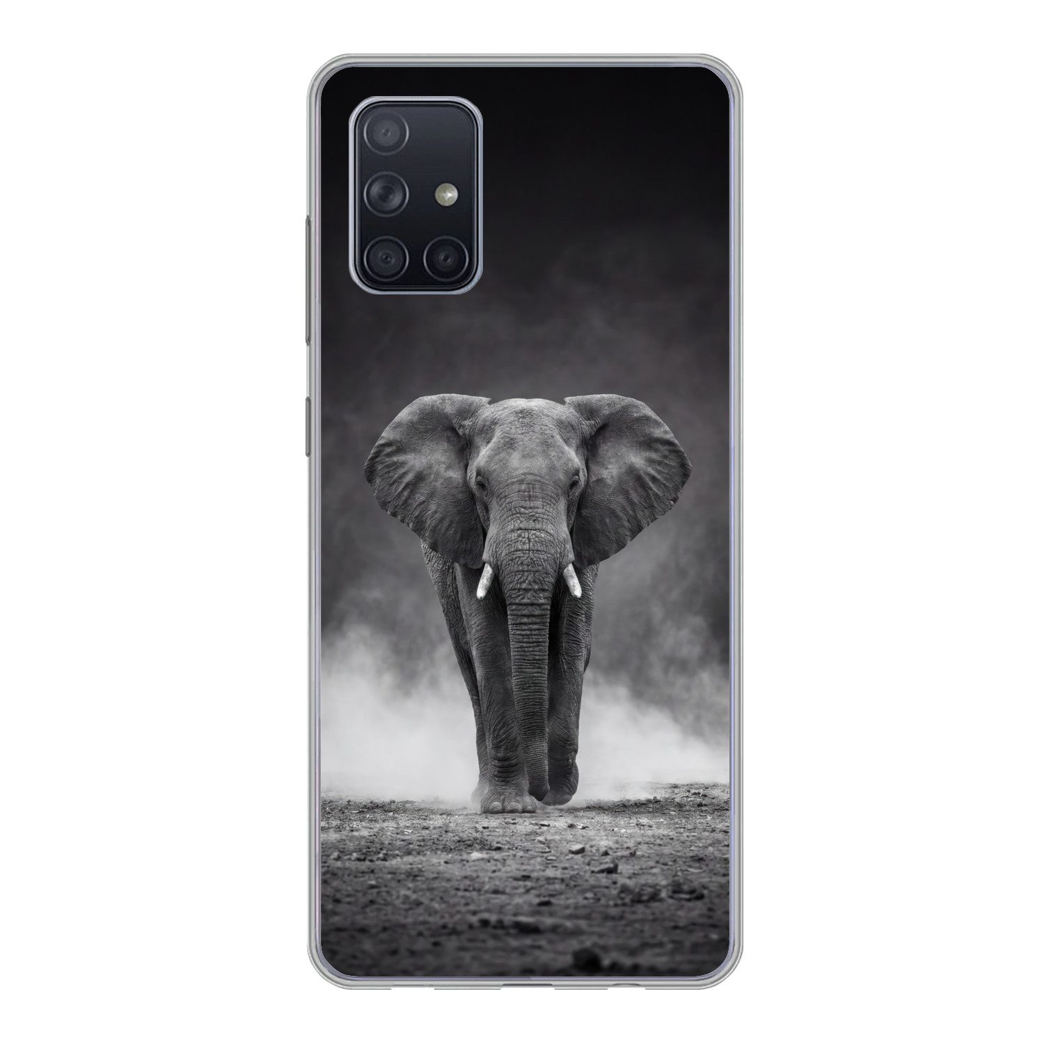 MuchoWow Handyhülle für Samsung Galaxy A51 Elefant - Schwarz - Weiß - Rauch, Smartphone-Bumper, Print, Handy Schutzhülle Dünn