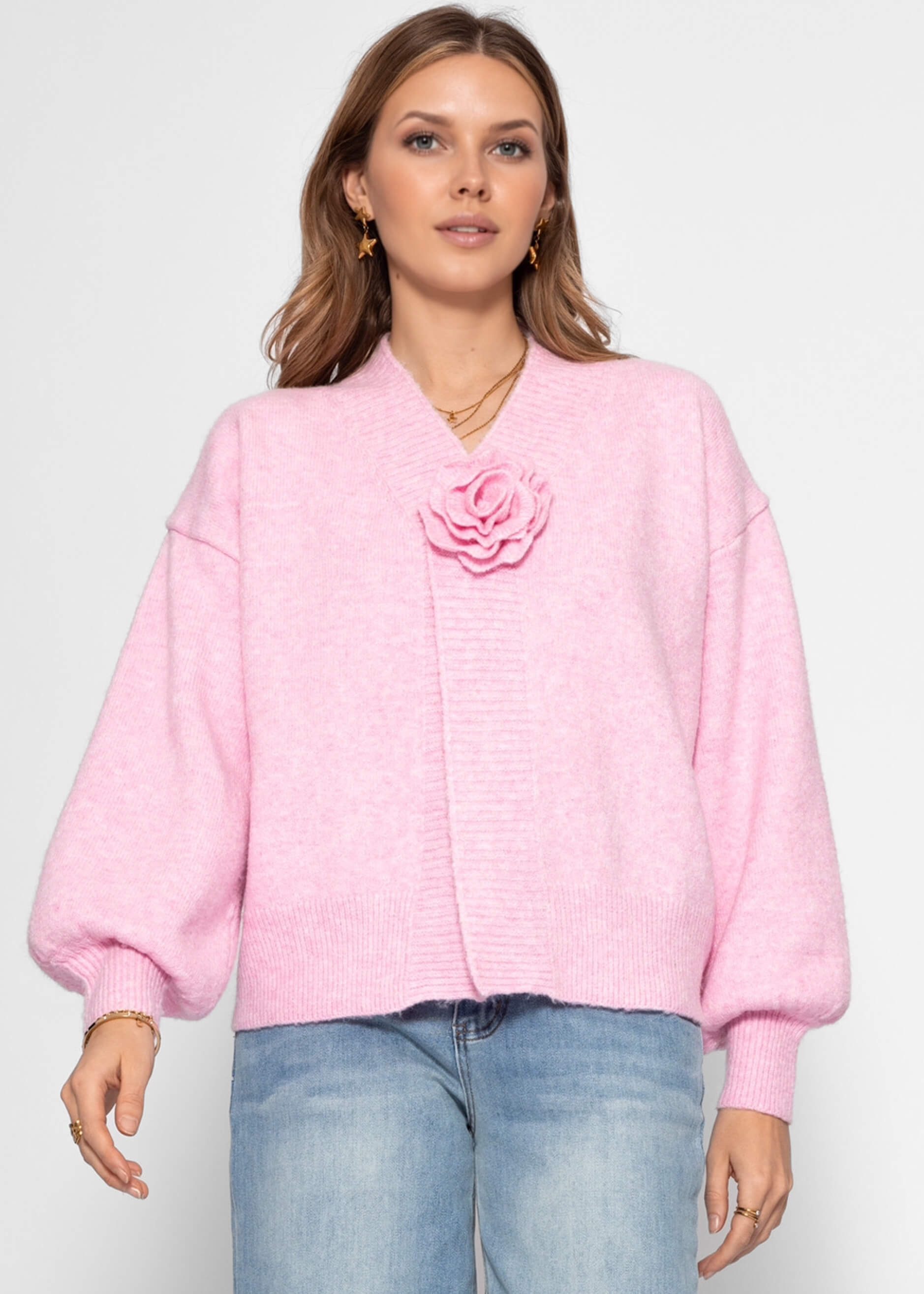 SASSYCLASSY Cardigan Strickjacke mit Blumenapplikation für Damen Femininer günstig online kaufen