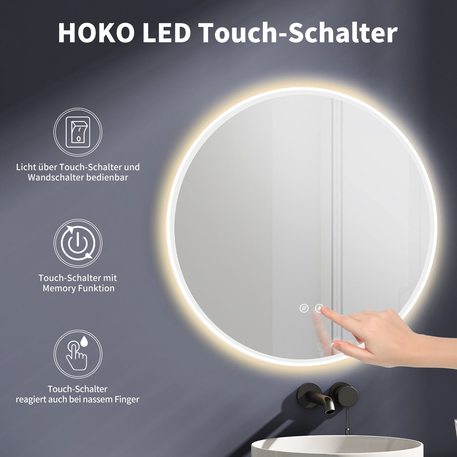 HOKO Badspiegel mit beleuchtung rund Anti-fog 60cm / 80cm+Schwarz / Gold+ (Warmweiß/Kaltweiß/Neutral. Licht mit Touch Schalter und mit Wandschalter einschaltbar. Memory-Funktion. IP44, 5mm HD Glass, Farbtemperatur stufenlos einstellen 2700K-6500K), Energiesparend LED beleuchtet