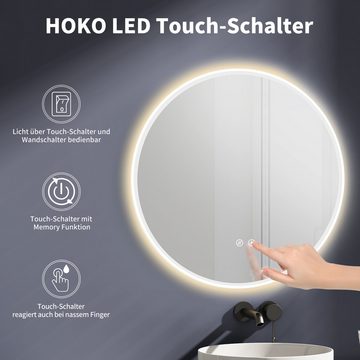 HOKO Badspiegel Anti-fog rund 60cm/80cm mit Metall Rahmen+Touch Schalter+Licht Wechsel (Warmweiß - Kaltweiß - Neutral. Licht mit Touch Schalter und mit Wandschalter einschaltbar. Memory-Funktion. IP44, 5mm HD Glass, Farbtemperatur stufenlos einstellen 2700K-6500K), Energiesparend LED beleuchtet