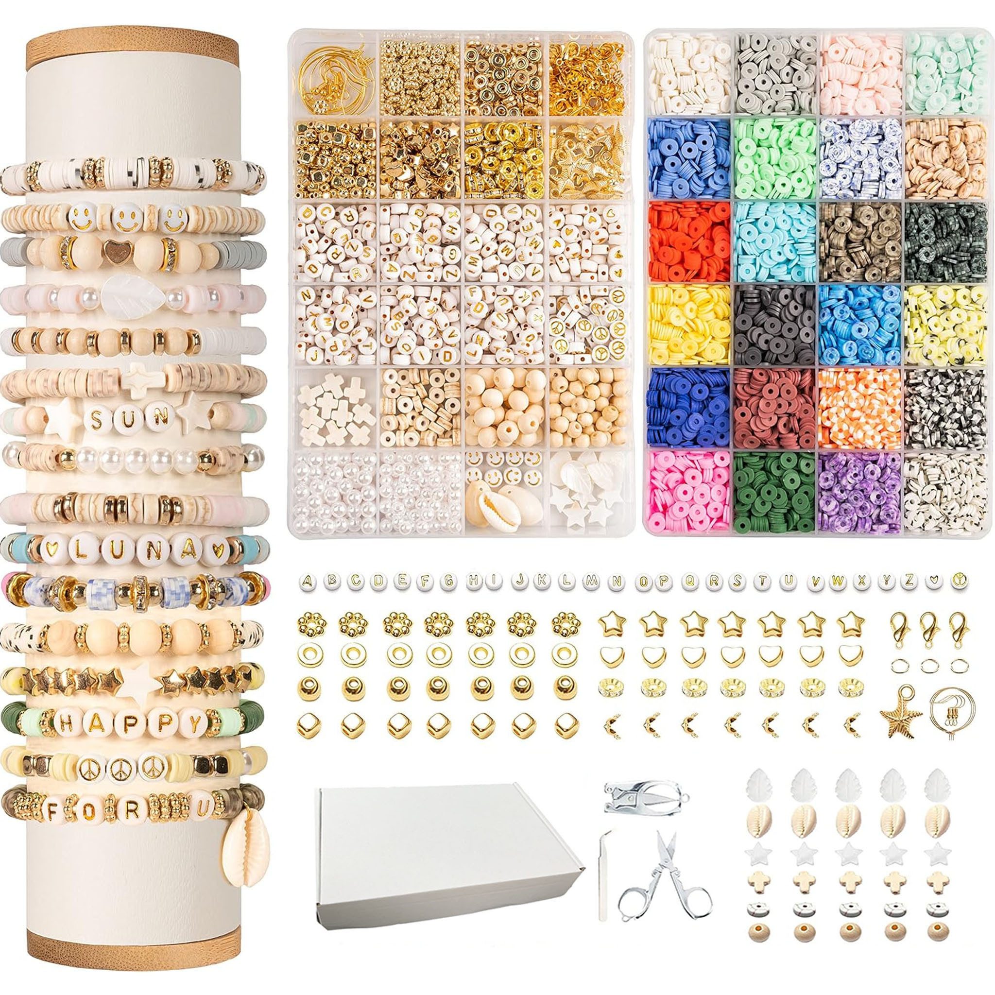 Refined Living Kreativset 8000+ Tonperlen Armband DIY Set mit Buchstaben,Perlen zum Auffädeln, (Bastelperlen,Alphabet Perlen,Perlen Set Buchstaben, Perlen zum Auffädeln für Kinder und Erwachsene, Geschenkset,Polymer Clay Perlen,DIY Schmuckset, mit 24 Farben, Buchstaben, Charms, Sicher & hochwertig,Farbintensive,für Mädchen, Frauen & Kreative), Armband Schmuckherstellung Kit für Armbänder, Halsketten & Fußketten