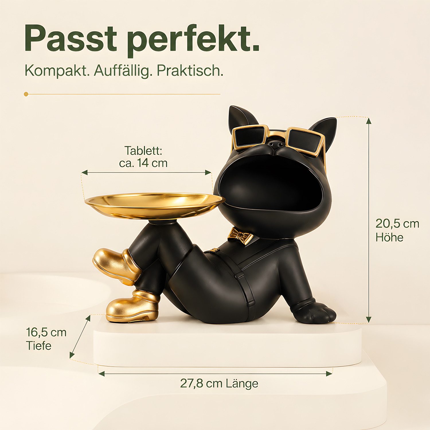 HEYHIPPO Tierfigur Bulldogge Deko Figur mit Tablett–Harz,27,8×16,5×20,5cm,für Schlüssel (Figur Bulldogge – für Kleinutensilien, Wohnzimmerdeko, Geschenk), mit großer Öffnung & Edelstahltablett Ø 14 cm–moderne Flurdekoration