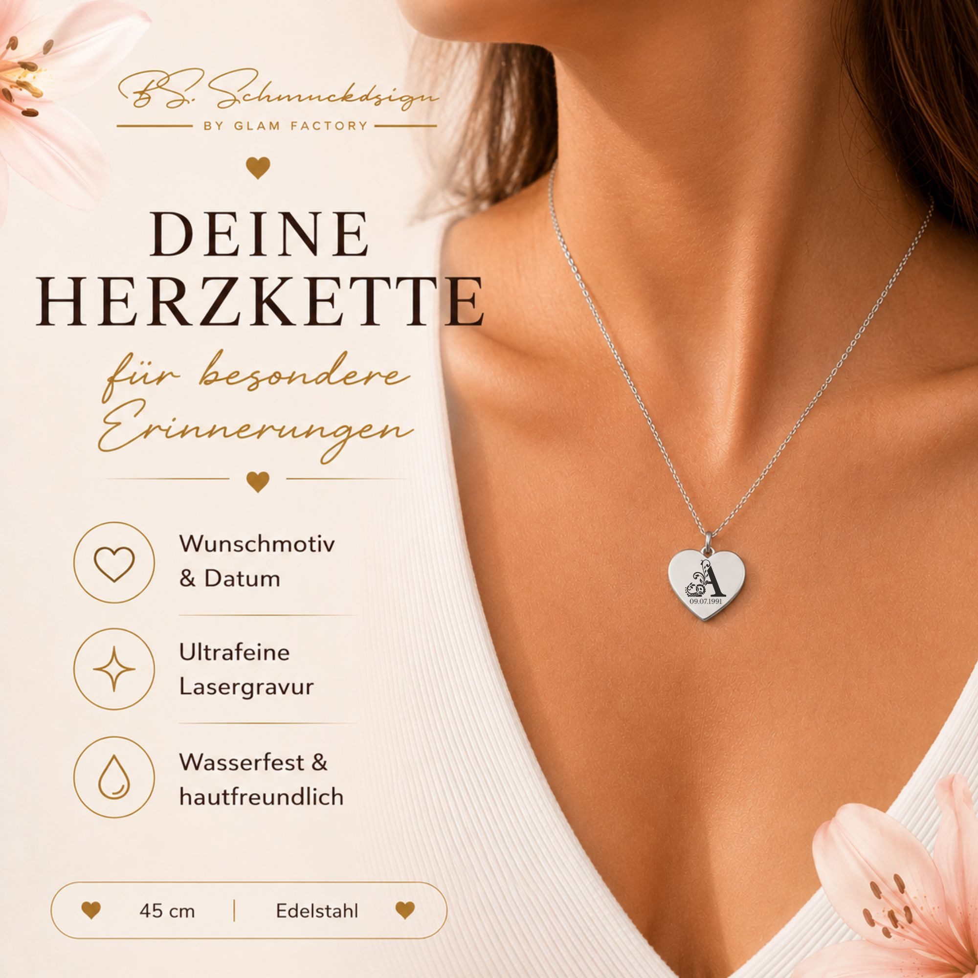 BS Schmuckdesign Kette mit Anhänger mit Gravur Personalisierte Halskette Damen Namenskette Herz Initiale (persönliche Gravur), inkl. Geschenkbox