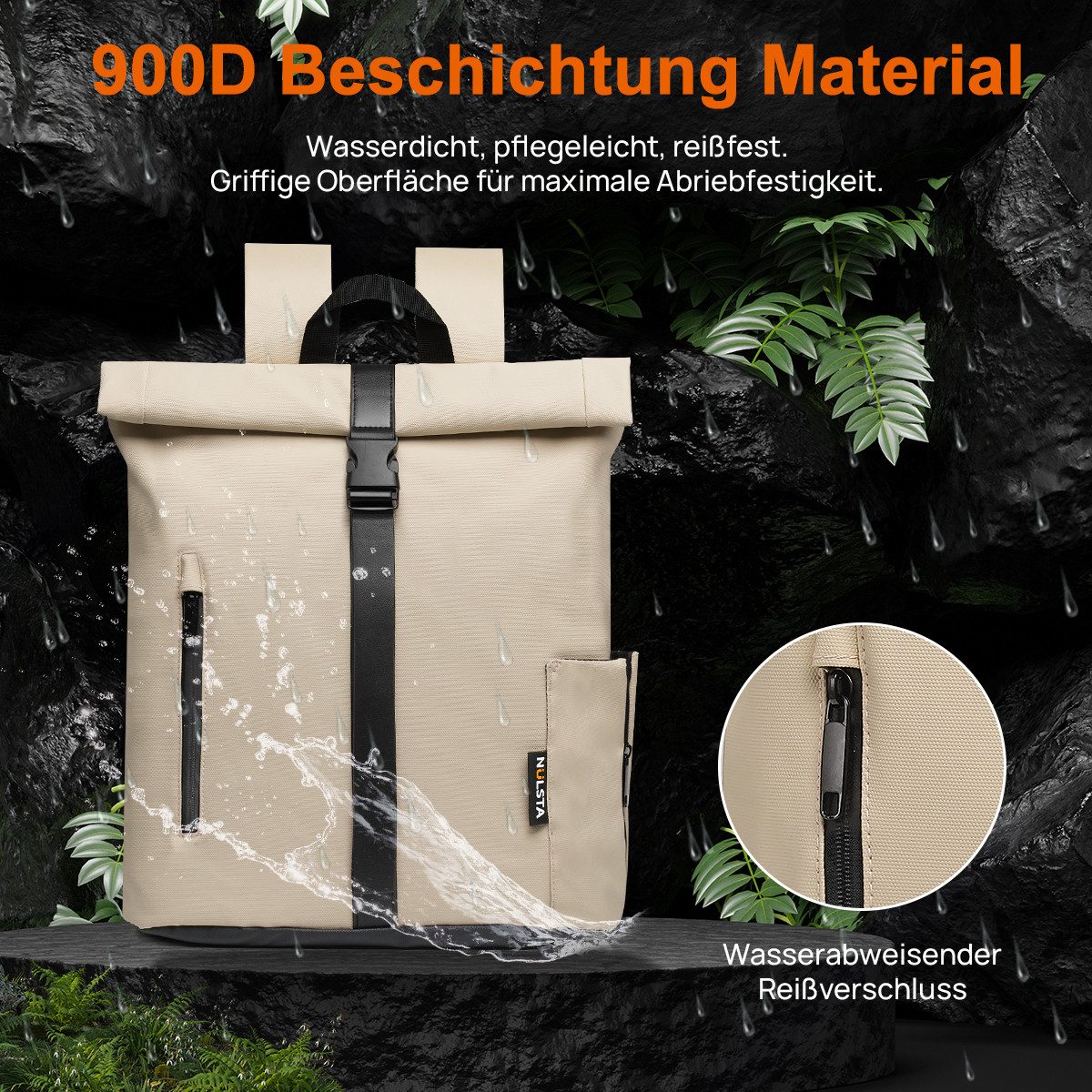 NULSTA Rucksack Rolltop Rucksack Wasserdicht Damen & Herren Daypack Freizeitrucksack, 30*15*40cm,Cityrucksack,Tourenrucksack,Schulrucksack