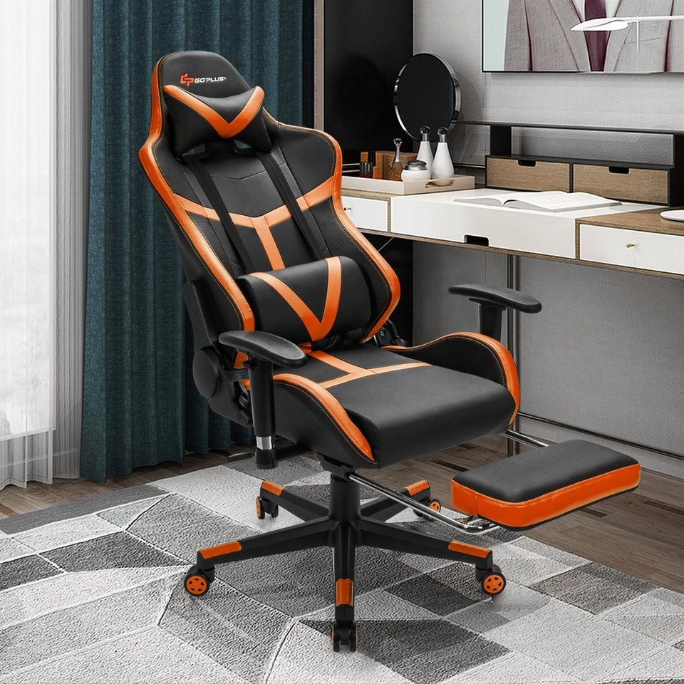 COSTWAY Gaming-Stuhl, mit Lendenkissen einziehbarer Fuß- & Kopfstütze