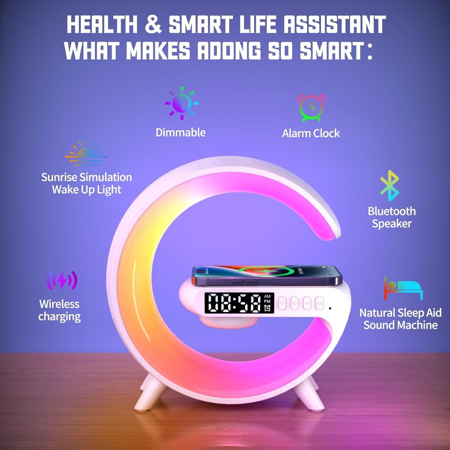 Doramier G-Form mit Bluetooth Lautsprecher Wecker Wireless Charger LED Bluetooth-Speaker 1.0 (3 W, G-Form Design 10 Lichtmodi Musiksteuerung Licht)
