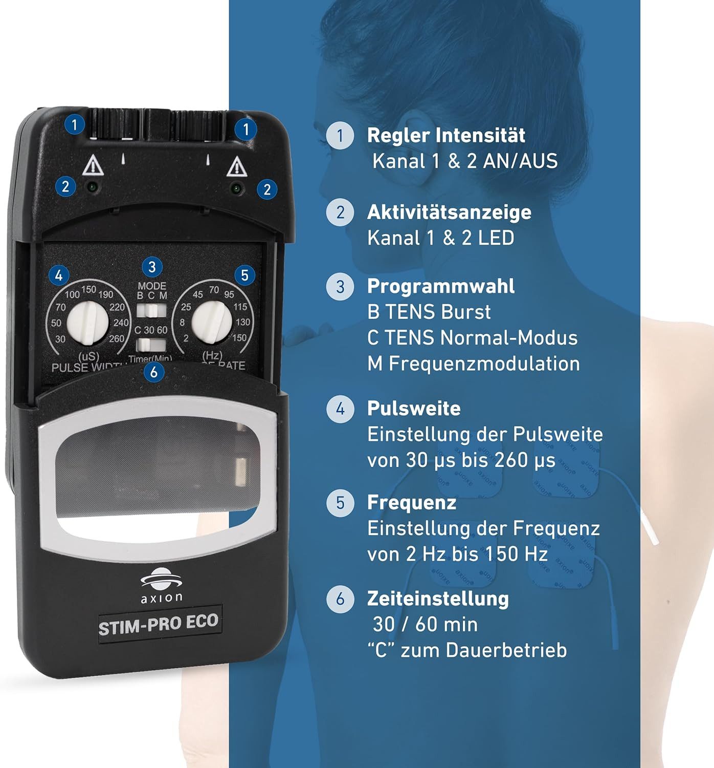 Axion TENS-Gerät STIM-PRO Eco TENS Gerät gegen Schmerzen mit 9V Li-Ion Akku, Medizinprodukt nach MDR (EU) 2017/745