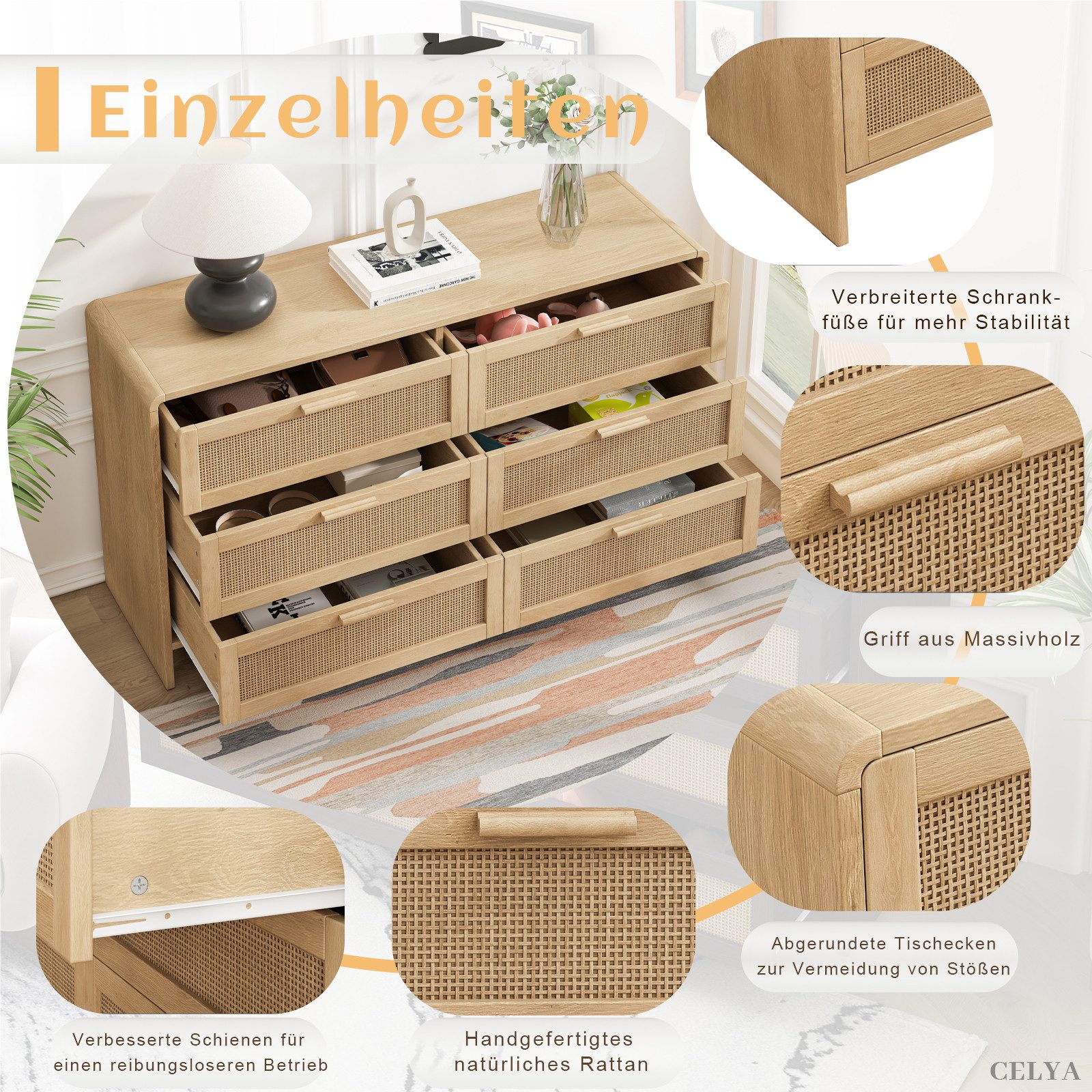 Celya Kommode 130cm Kommode mit 6 Schubladen, mit schubladen, Rattanschrank (kommoden für schlafzimmer, Natürlich), Arc Shaped Corner Rattan Cabinet