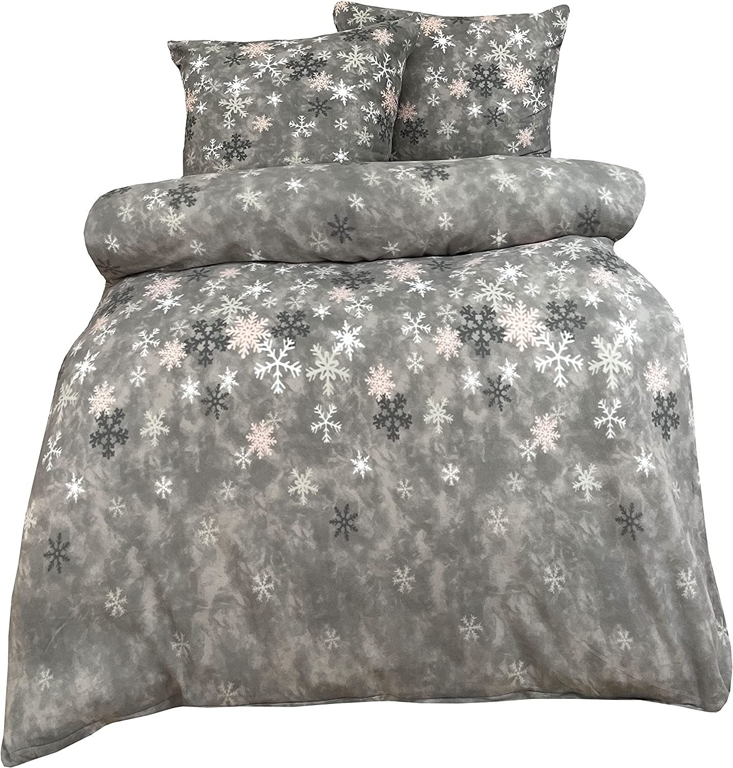 Visaggio Bettwäsche Winter Fleece Bettbezug flauschig warm, Fleece, 3 teilig, Thermofleece kuschelig weich, Schneeflocken