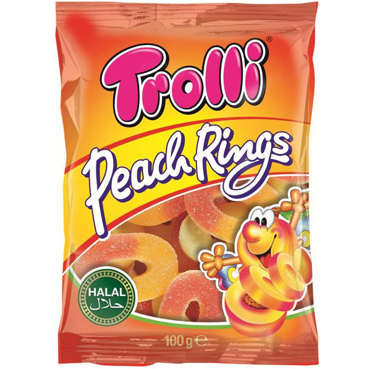 TROLLI Süßigkeit, Trolli Peach Rings Halal saures Fruchtgummi mit Schaumzucker 100g