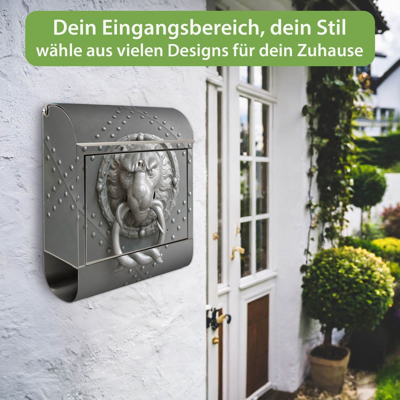 banjado Wandbriefkasten Edelstahl mit Motiv Eisentor (Wandbriefkasten groß, mit Zeitungsfach), 38 x 42,5 x12 cm