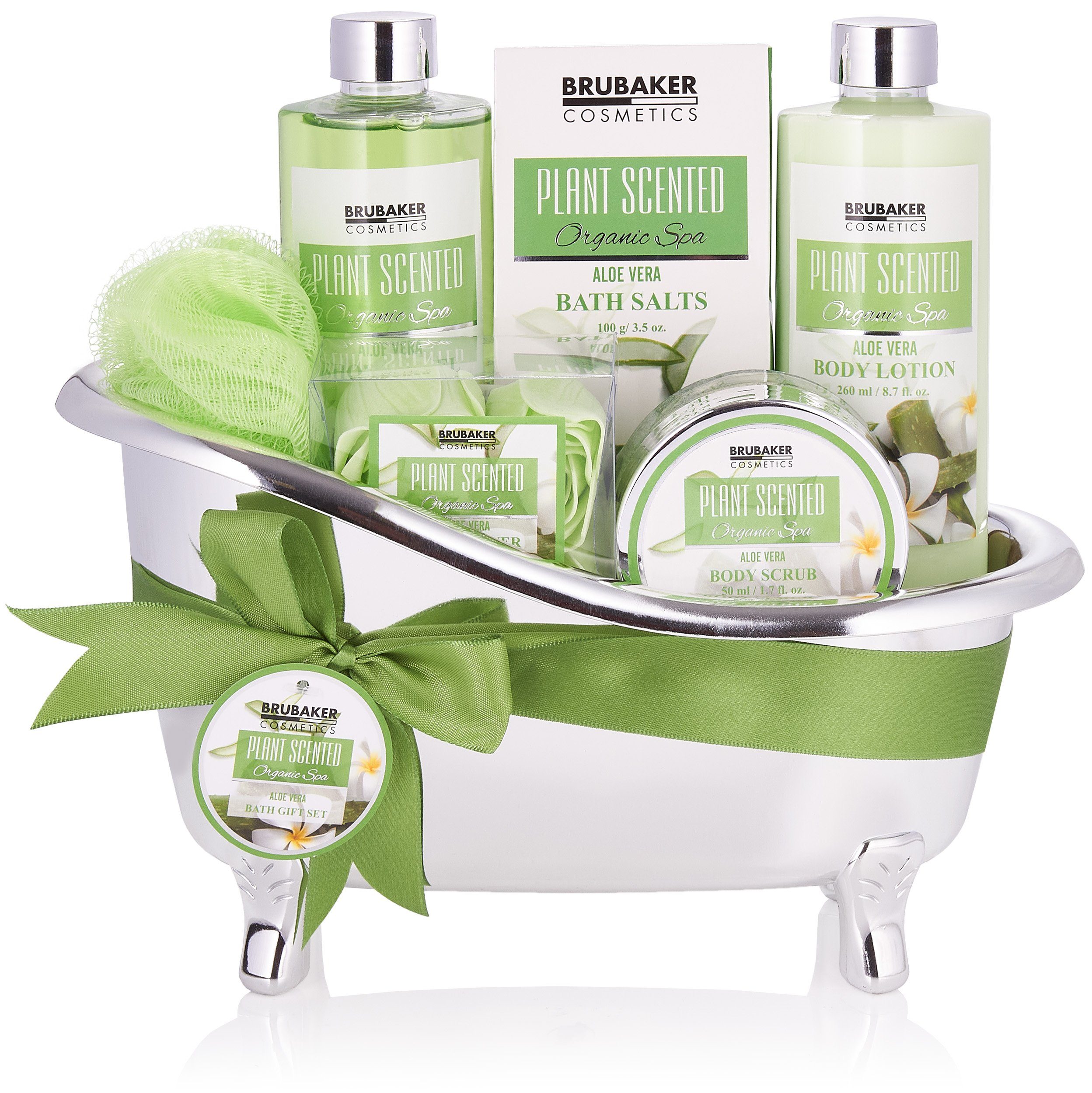 BRUBAKER Hautreinigungs-Set Wellness Geschenkset für Pflegeset Duft, Aloe Frauen Deko Damen, Silber Vera mit und 7-tlg., in Badewanne, Beauty Dusch- Badeset für Grün