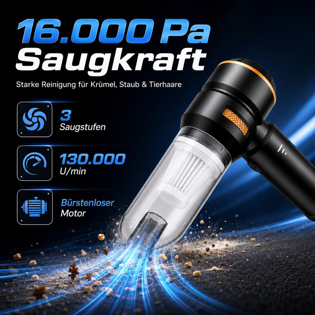 Goldstern-Tech Akku-Handstaubsauger Vortex-180 tragbare Luftpumpe, 100 W, beutellos, 2x HEPA-Filter, 16000 Pa Saugkraft, 6000 mAh, 30 Min Laufzeit, Schnellladung via USB-C