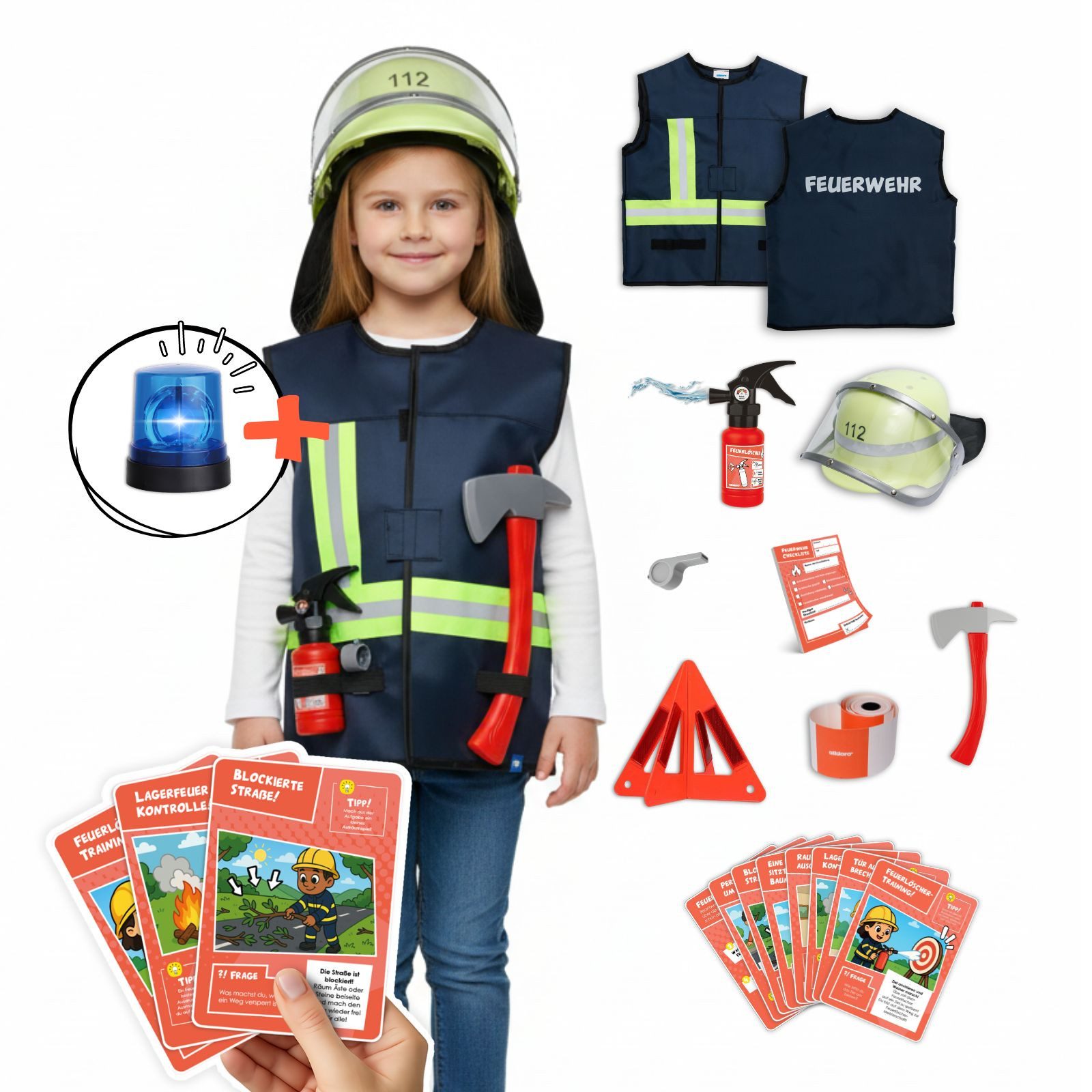 alldoro Spielzeug-Schutzweste Feuerwehr Rollenspiel & Lernset, Feuerwehr-Kostüm inkl. LED-Blaulicht, für Kinder 3-6 Jahre, Verkleidung mit Weste, Helm, Zubehör & 8 Karten