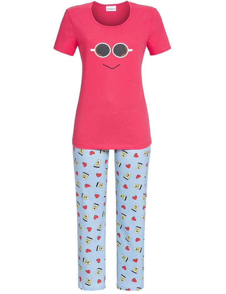 Ringella Pyjama Damen Kurzarm Schlafanzug "Smiley" mit 7/8 Hose 2211201 - Pink / Hellblau (2 tlg)