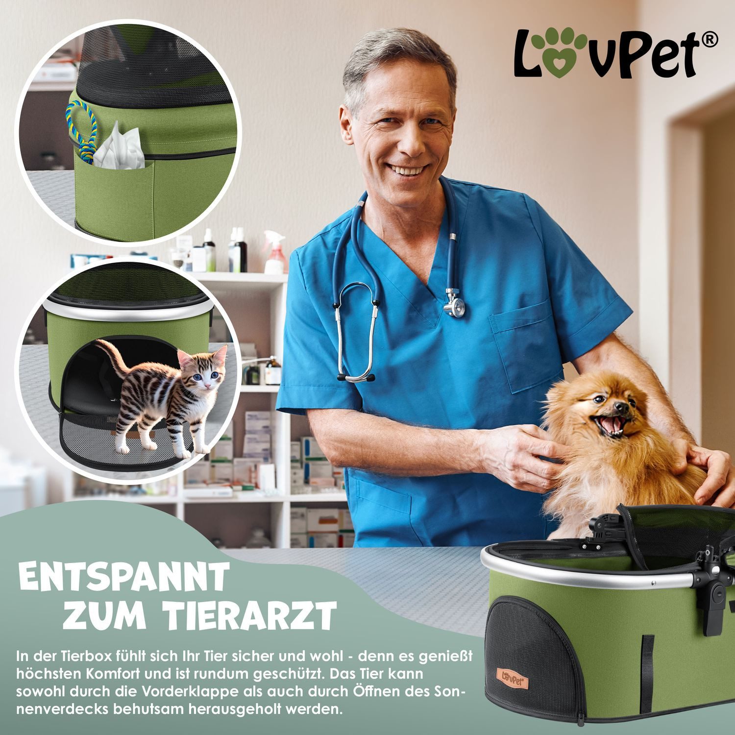 Lovpet Hundebuggy 3in1 Hundewagen max. bis 20kg Buggy für Haustiere, (Hundebox & Tasche mit Regenschutzabdeckung Getränkehalter Kuscheldecke), Haustier- & Katzenbuggy faltbar & klappbar, Große Räder & Netzfenster