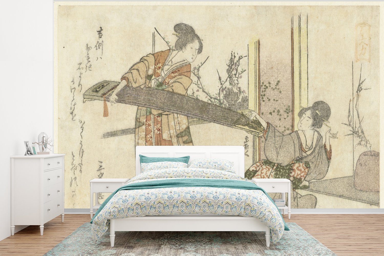 MuchoWow Fototapete Zwei Frauen mit einer Koto - Gemälde von Katsushika Hokusai, Matt, bedruckt, (6 St), Wallpaper für Wohnzimmer, Schlafzimmer, Kinderzimmer, Vinyl Tapete