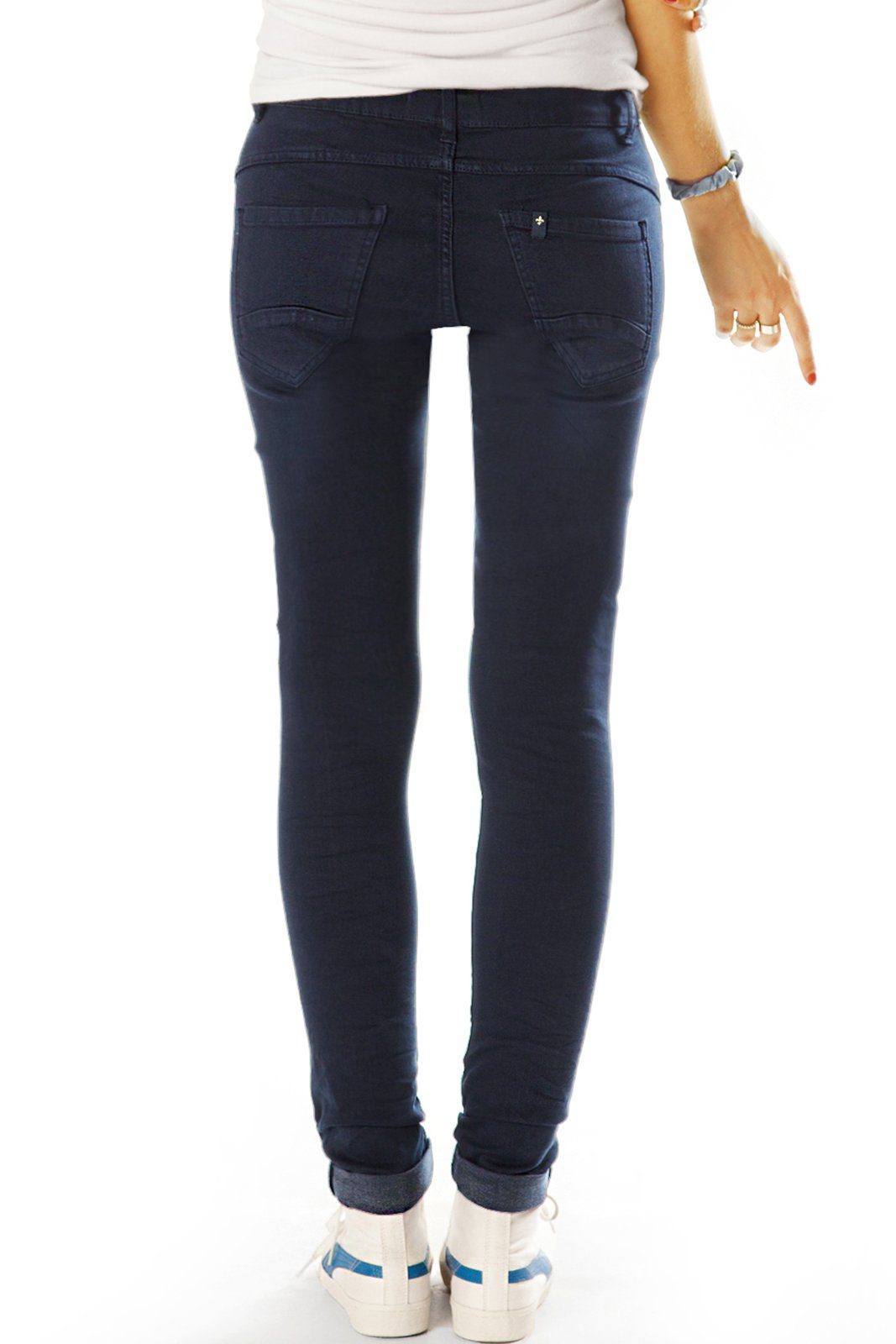 Stretch-Anteil, blau Damen eng, - - low 5-Pocket-Style, waist, be skinny, hüftig low Röhrige j41g Röhrenjeans mit styled Knopfleiste langer waist mit Jeanshose