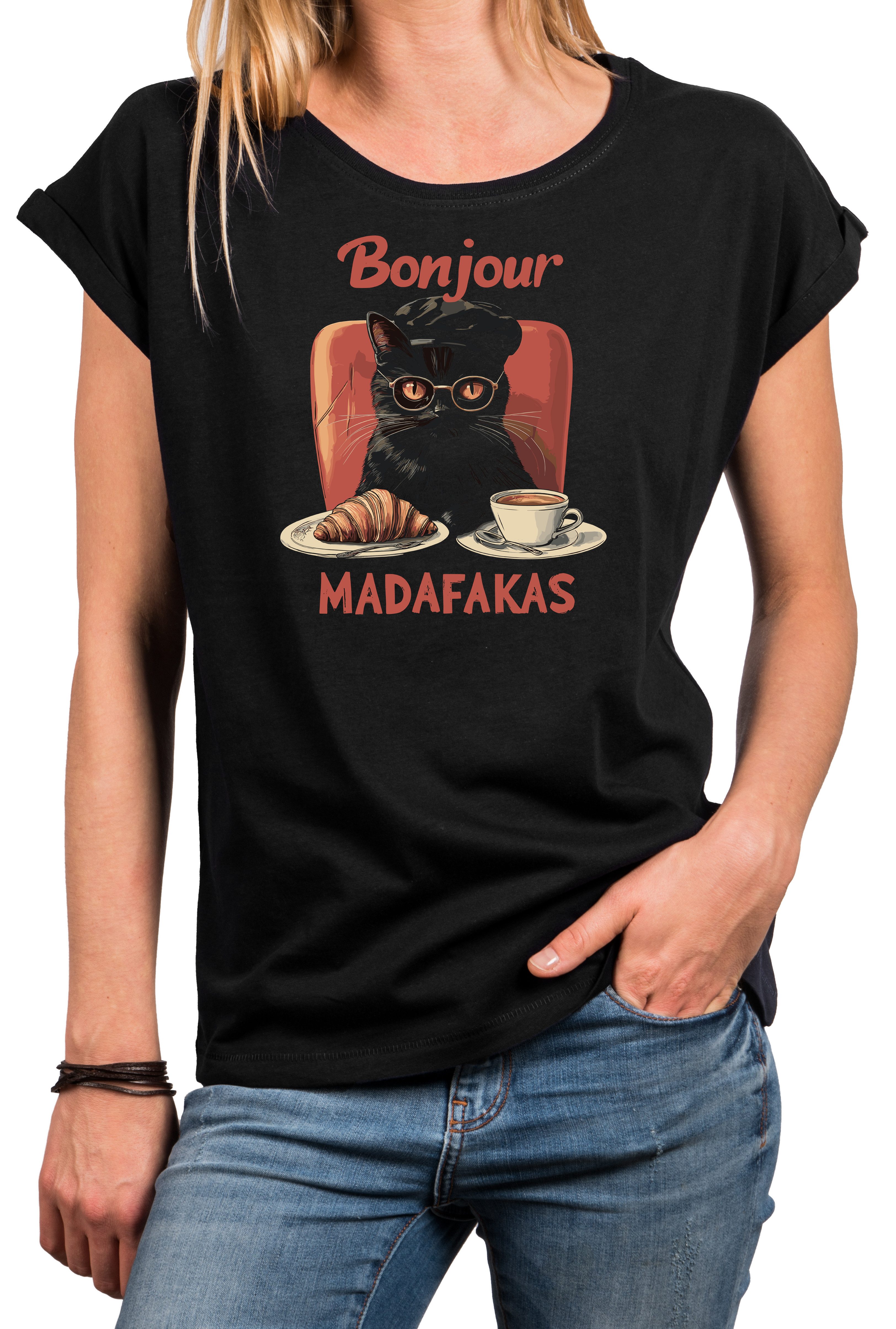 MAKAYA T-Shirt Damenshirt mit Katzenmotiv – Lustiger Bonjour Gangster-Print (Schwarz, 34, 36, 38, 40, 42, 44, 46, 48, 50) Baumwolle
