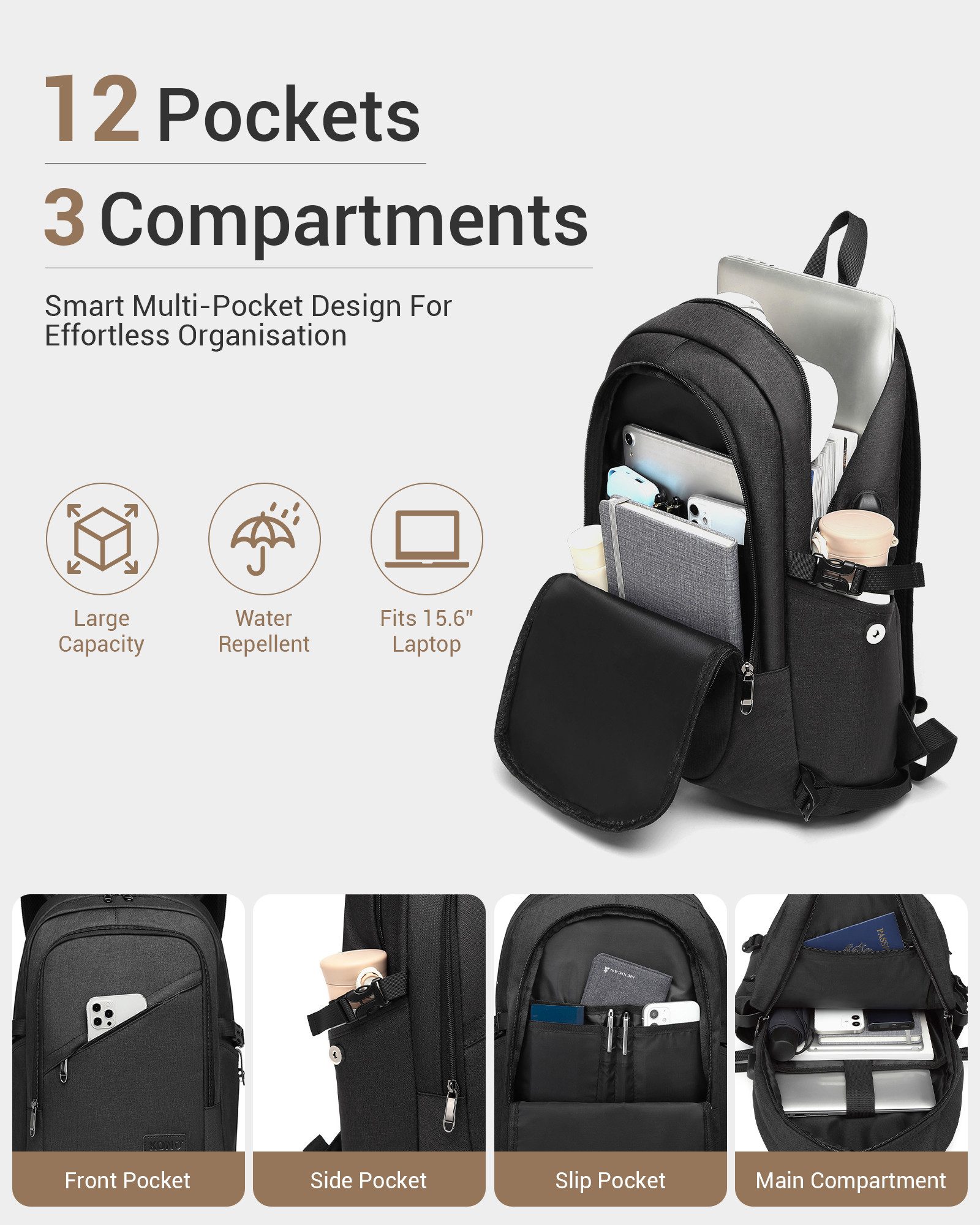 KONO Laptoprucksack, XL Laptop-Rucksack (50x30x14cm) + kleines Zahlenschloss