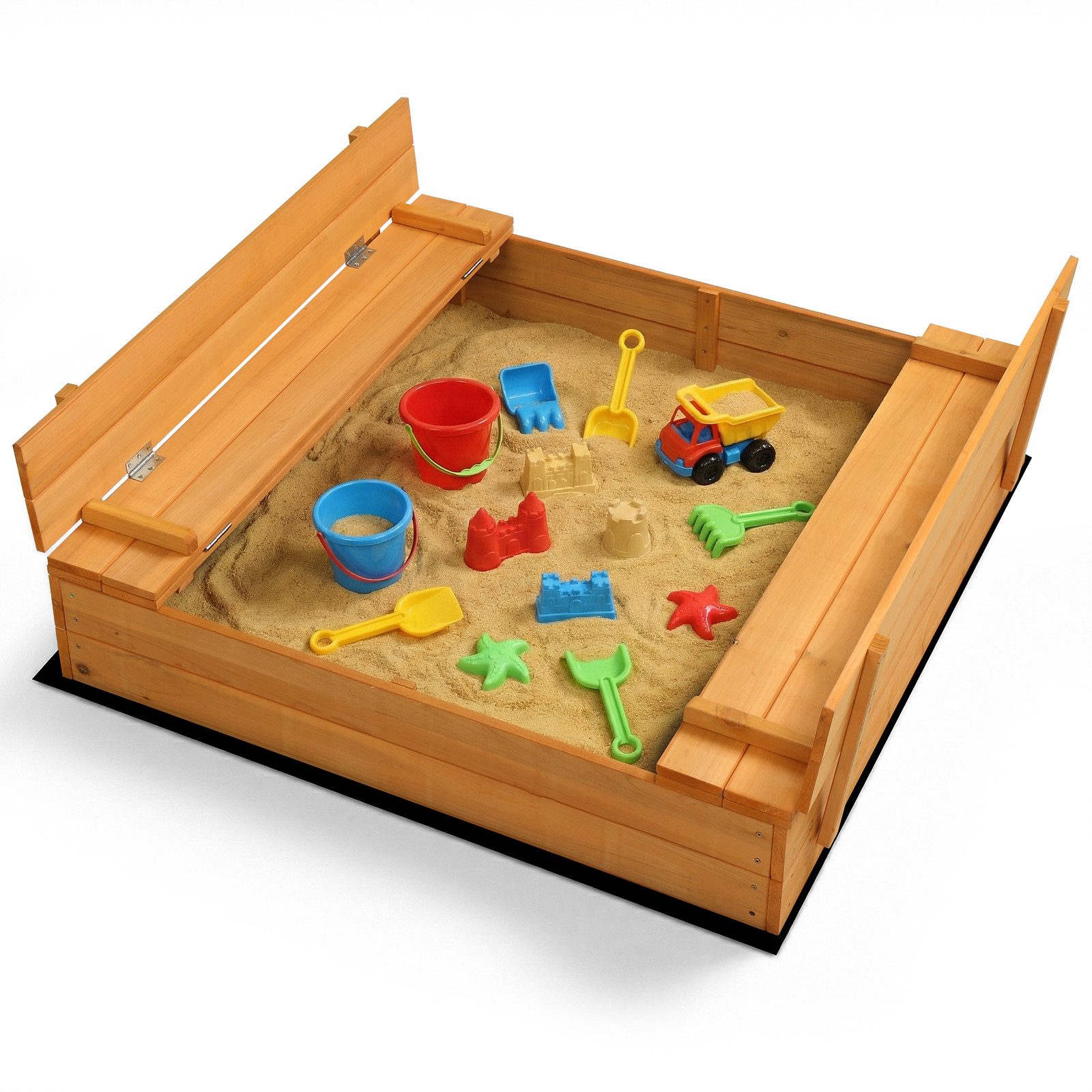 LALAHO Sandkasten mit Abdeckung Sandkasten Holz 110x110 cm , mit Sitzbänken, Braun Holzsandkasten Sandbox mit Deckel