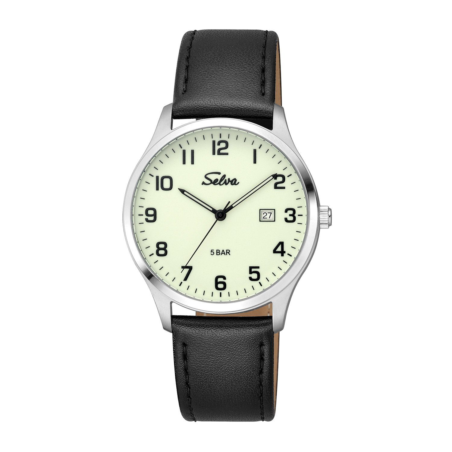 Selva Technik Quarzuhr SELVA Quarz-Armbanduhr 39mm Ø Zifferblatt Lederband mit weiß, Gehäuse vergoldet leuchtend