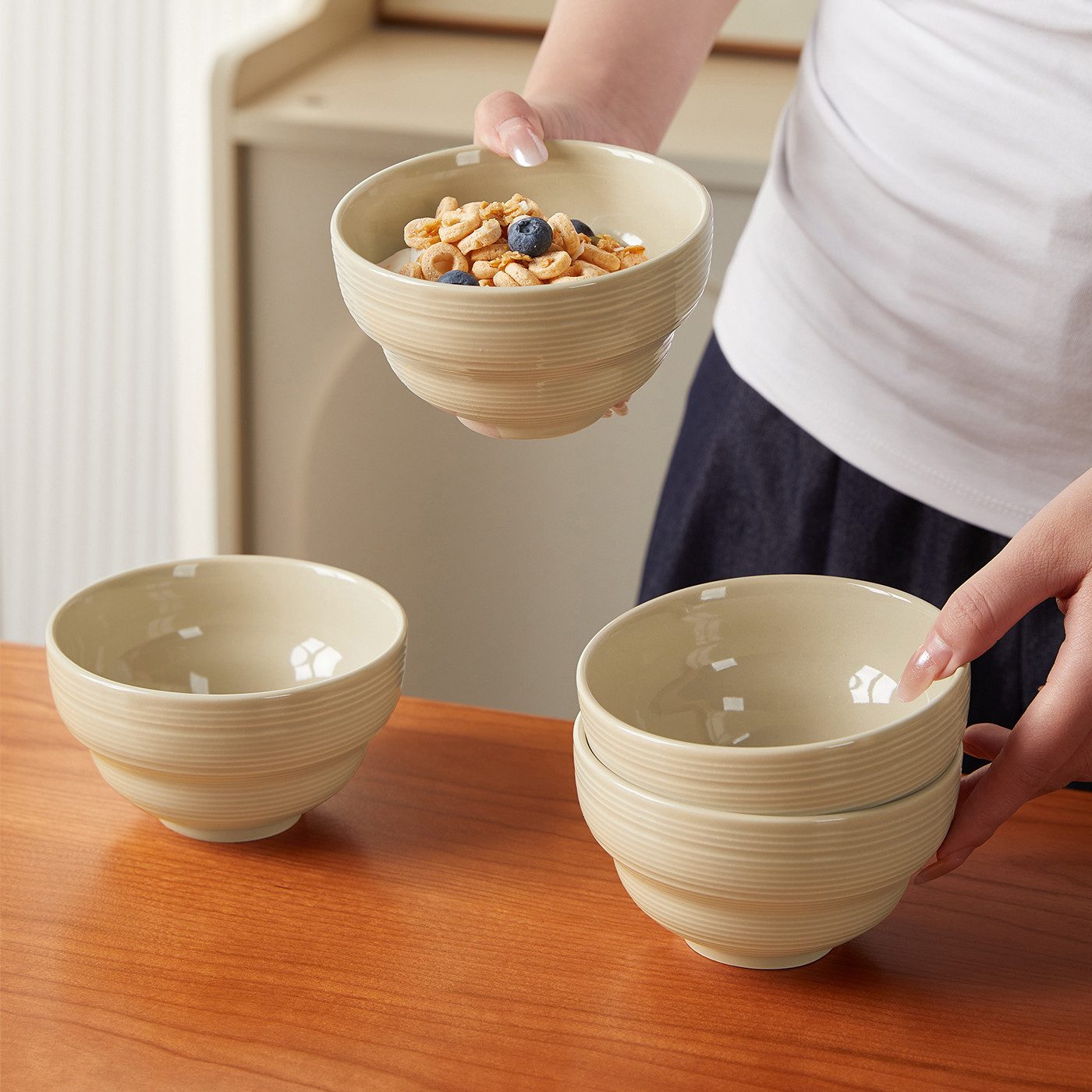 JIWOO Müslischale 6er Ø11,8cm, Dessertschale Eisschale Suppenschale Snackschale Schale, Keramik, (Set, 48-tlg), Hochwertiges Schalen Braun Mikrowellenofen Spülmaschine
