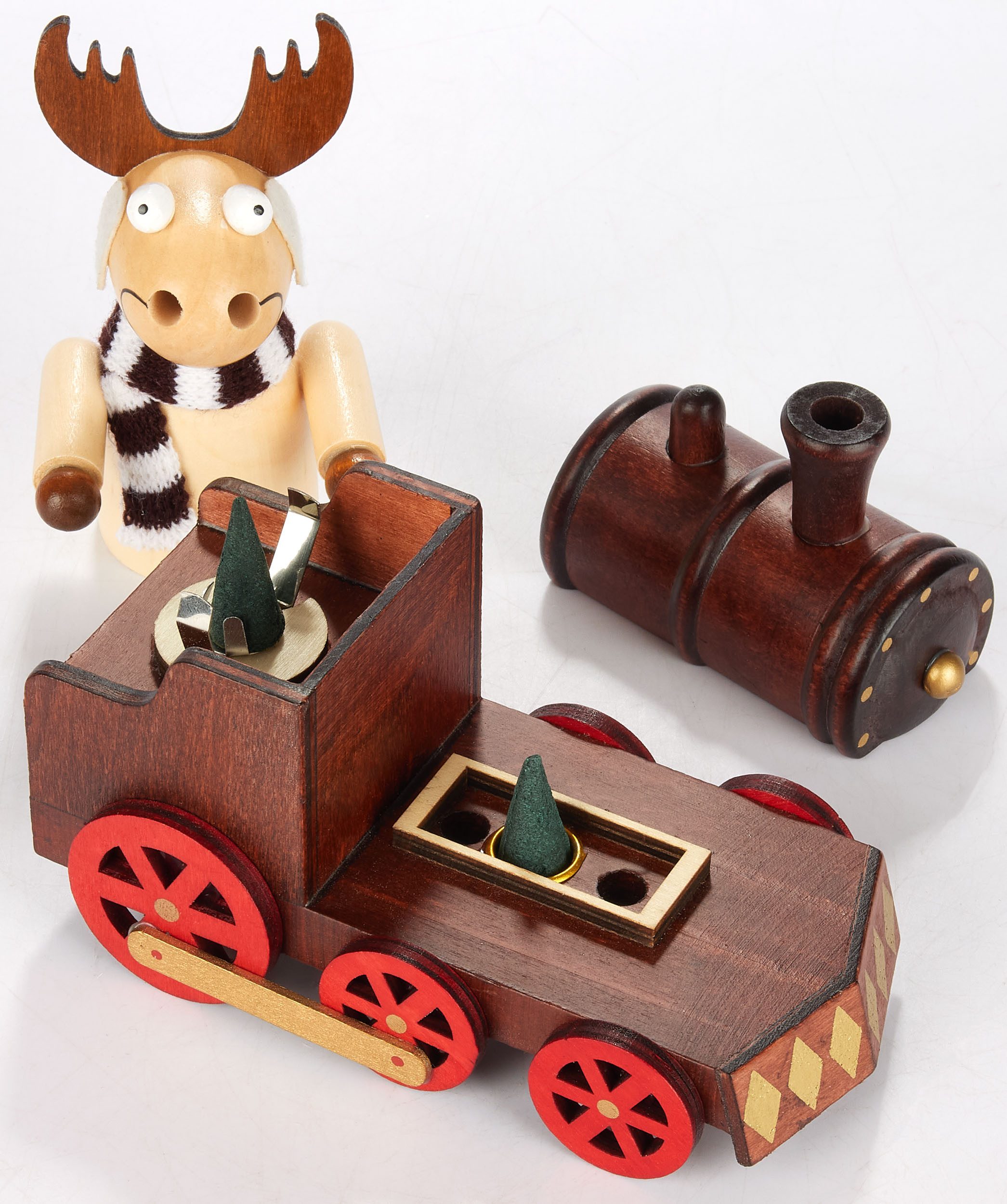 BRUBAKER Räuchermännchen Räucherelch aus Holz - Elch mit Schal und Lokomotive, (1 St), Handbemalte Rauchfigur Tischdeko für Weihnachten
