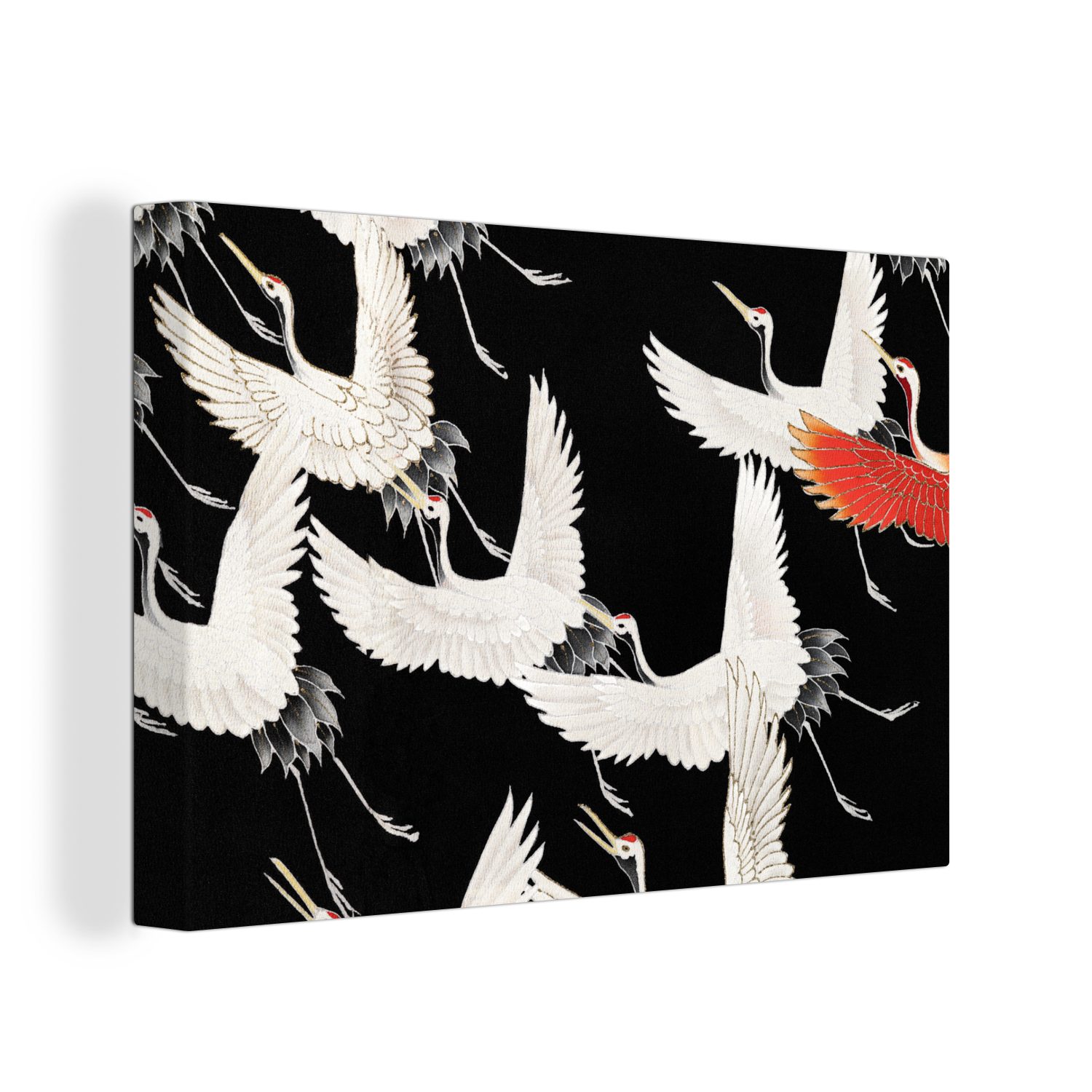 OneMillionCanvasses® Leinwandbild Kranich - Rot - Weiß - Japandi, (1 St), Wandbild Leinwandbilder, Aufhängefertig, Wanddeko, 30x20 cm | Leinwandbilder