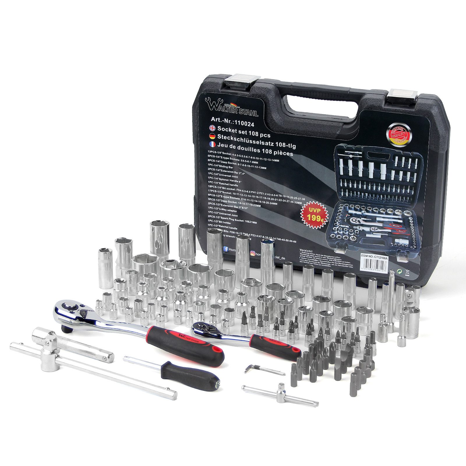 Walter Stahl Germany control Steckschlüssel 108/172/215-tlg Ratschenkasten, 1/4″+3/8″+1/2″ Steckschlüssel-Satz (Packung, 108 St., 108/172/215-tlg), Cr-V Ratschenschlüssel Set