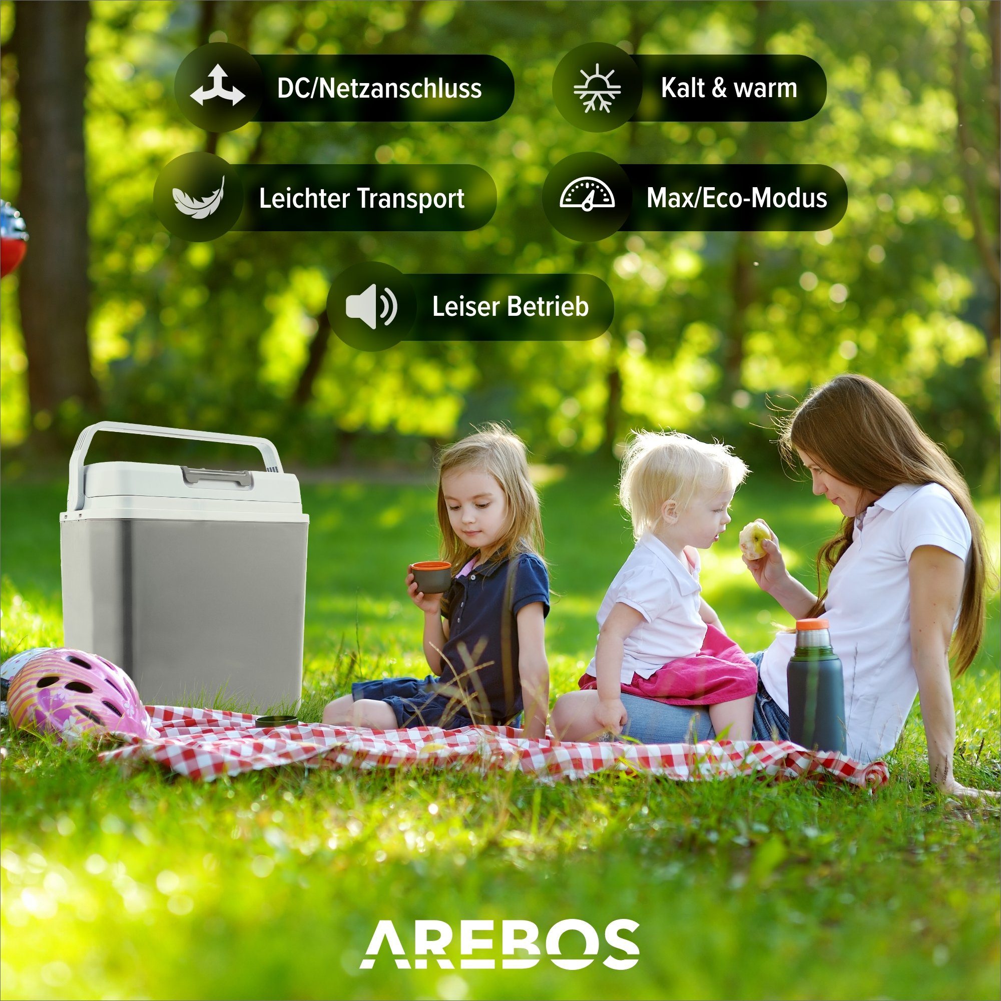 Arebos Elektrische Kühlbox 20L Mobil, Kühlschrank mit ECO Modus zum Kühlen & Warmhalten, 2 Programme: COLD & HOT