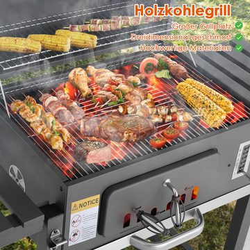 TLGREEN Holzkohlegrill, Grillwagen xxl, BBQ Grill mit Deckel & Rädern, Smoker für Camping