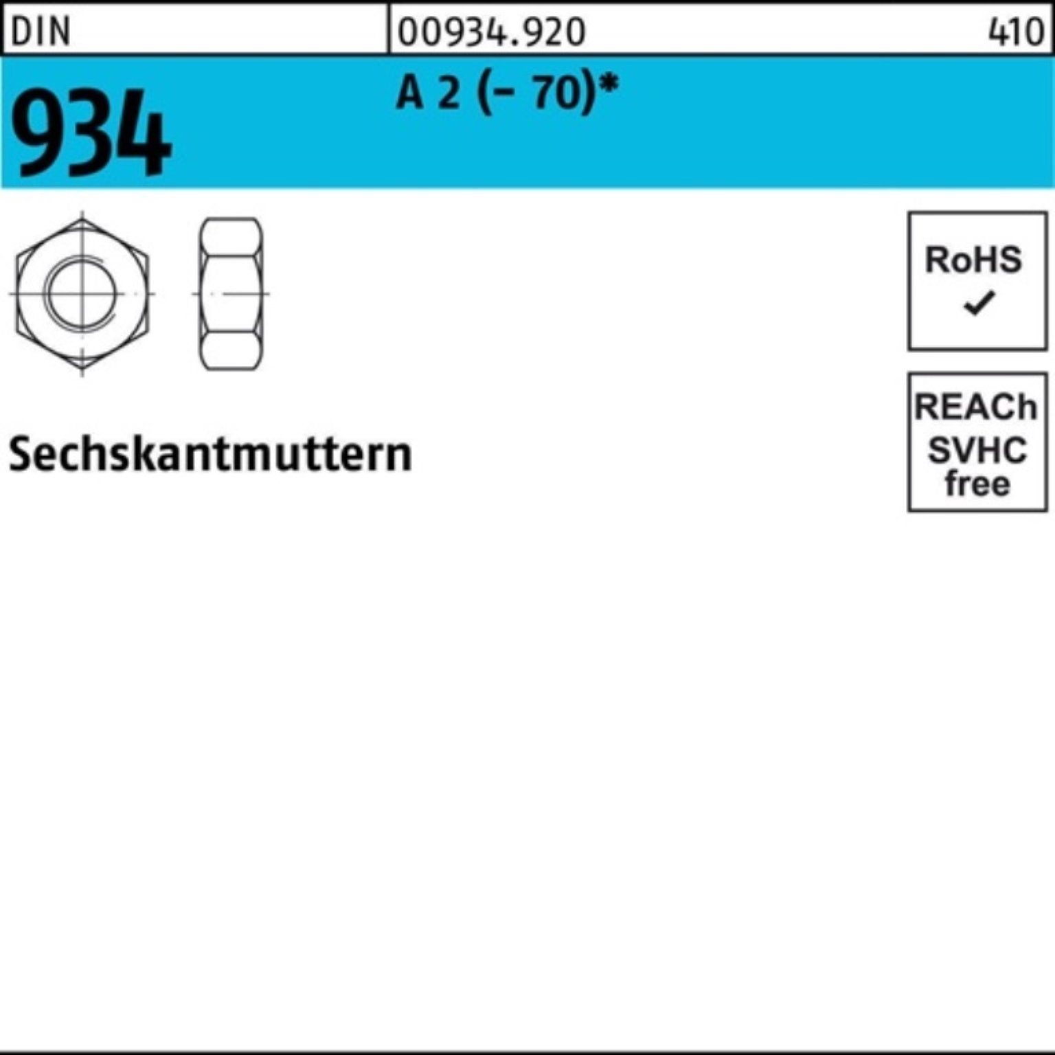 Reyher Muttern 100er Pack Sechskantmutter DIN 934 M6 A 2 (70) 100 Stück DIN 934 A