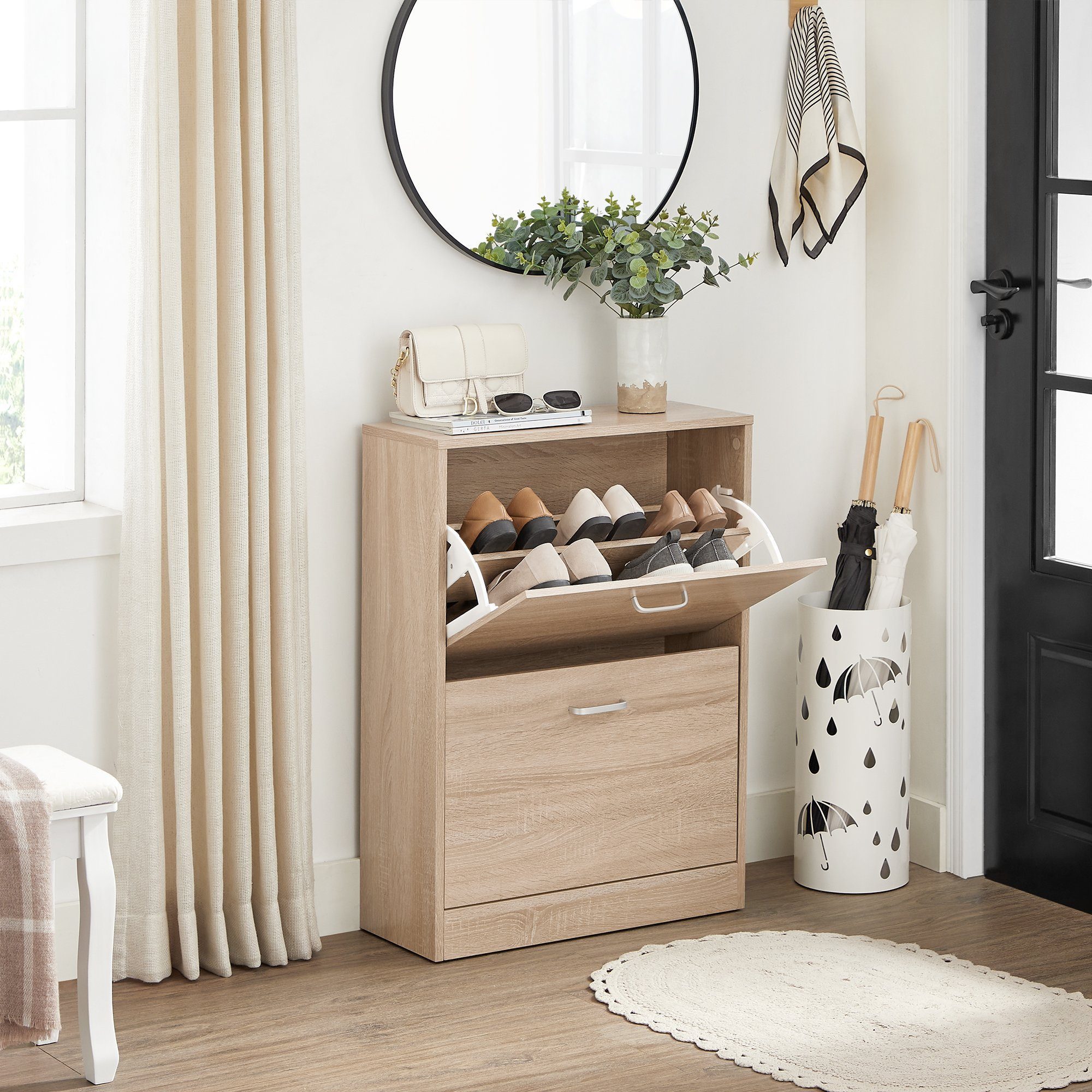 VASAGLE Schuhschrank mit 2 Klappen, Schuhkipper, für schmalen Flur, 60 x 83,5 x 24 cm (Trennwände verstellbar und abnehmbar) für 12 Paar Damenschuhe oder 8 Paar Herrenschuhe, eichefarben